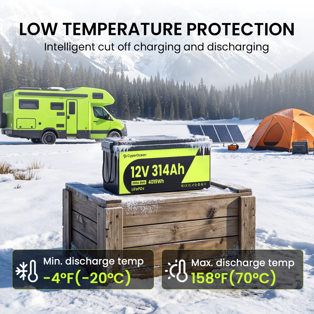 CyperOcean 12V 314Ah Group 8D LiFePO4 Battery with 200A BMS & Low-Temp Cutoff