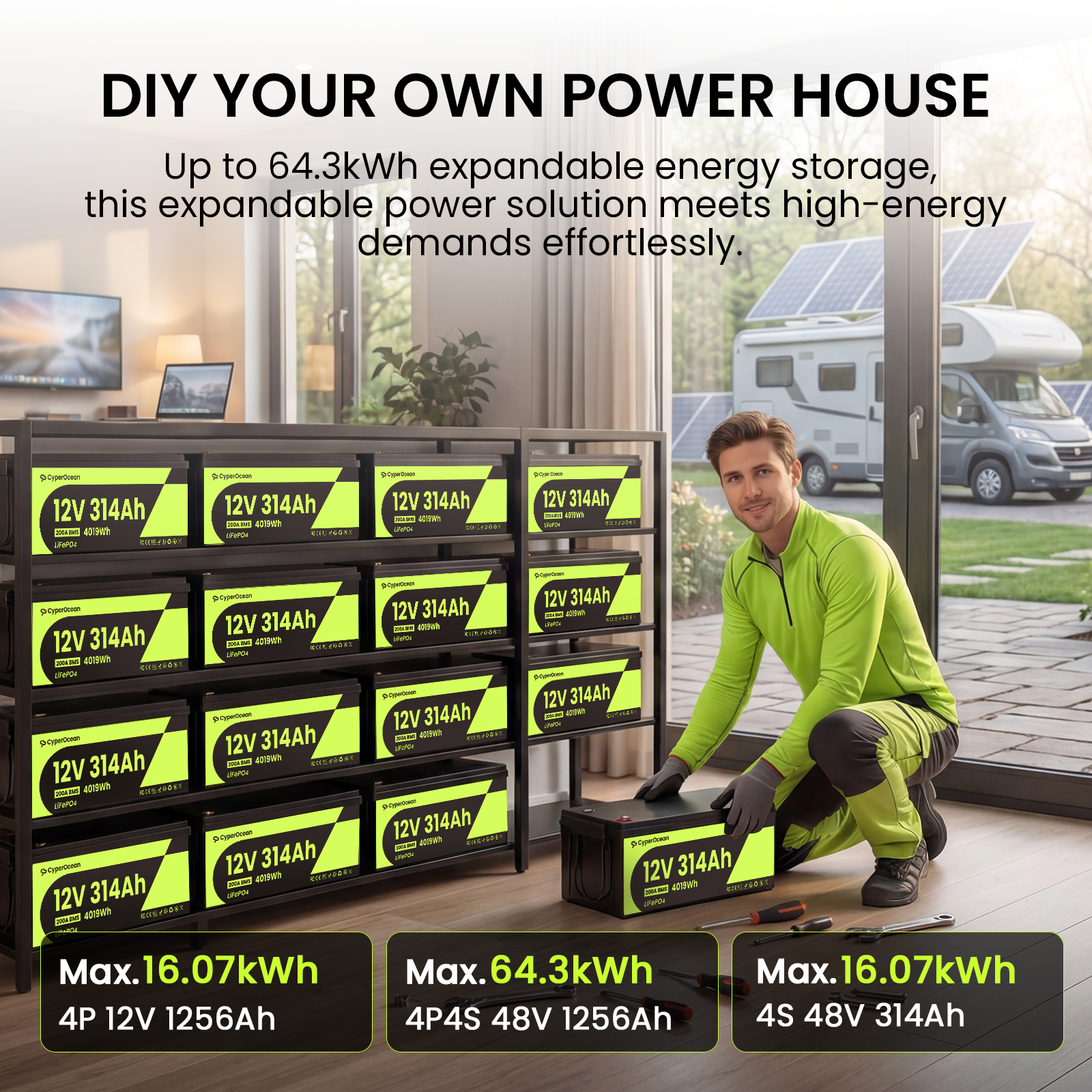 CyperOcean 12V 314Ah Group 8D LiFePO4 Battery with 200A BMS & Low-Temp Cutoff