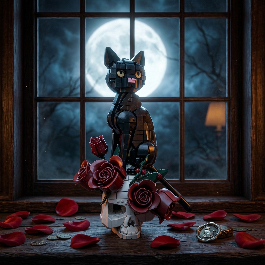Shadow’s Embrace: The Gothic Black Cat & Roses Skull