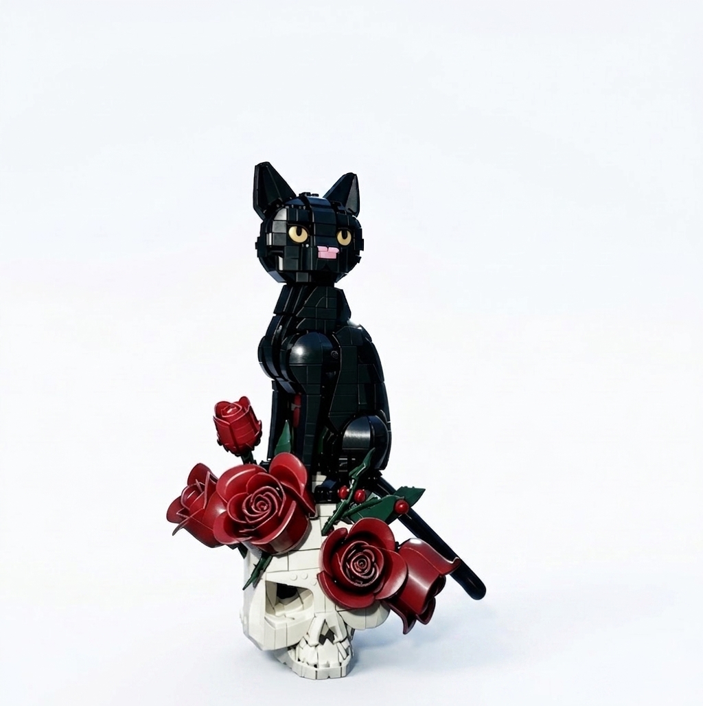 Shadow’s Embrace: The Gothic Black Cat & Roses Skull