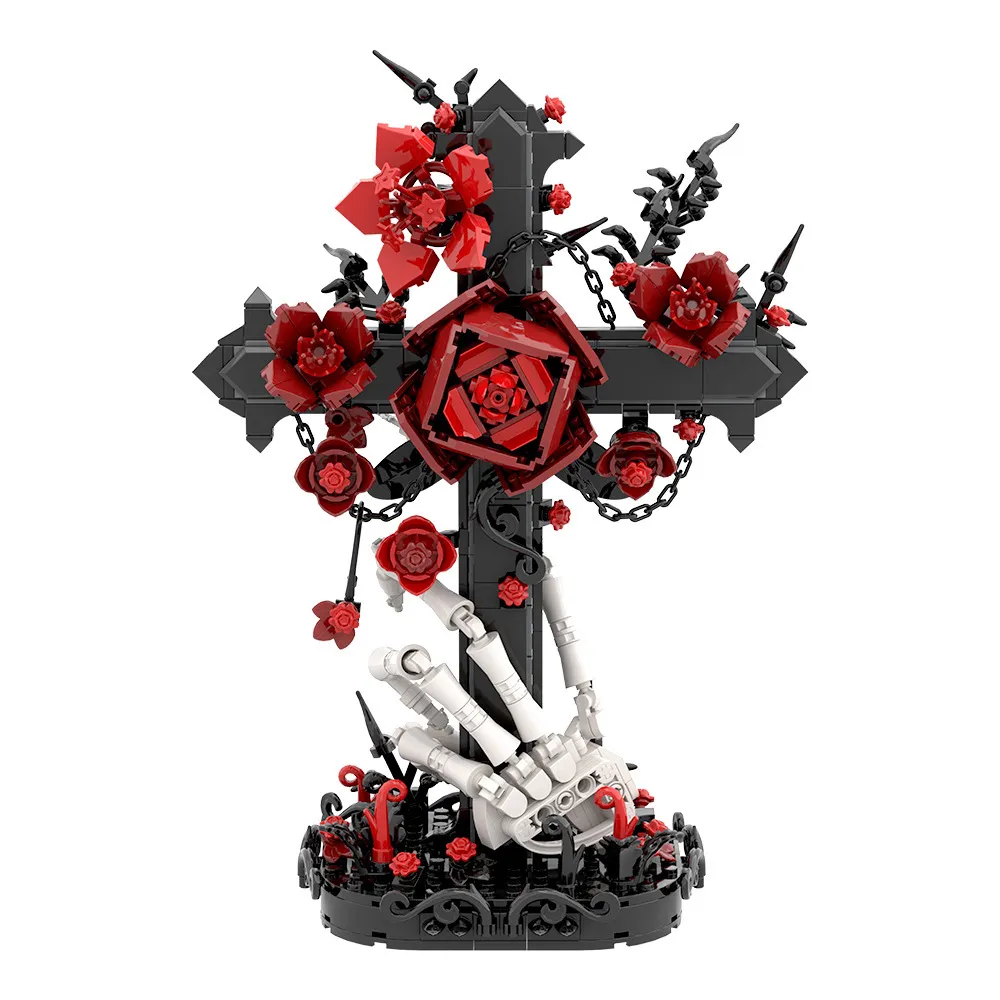 Eternal Embrace: Gothic Crimson Rose & Cross Building Set