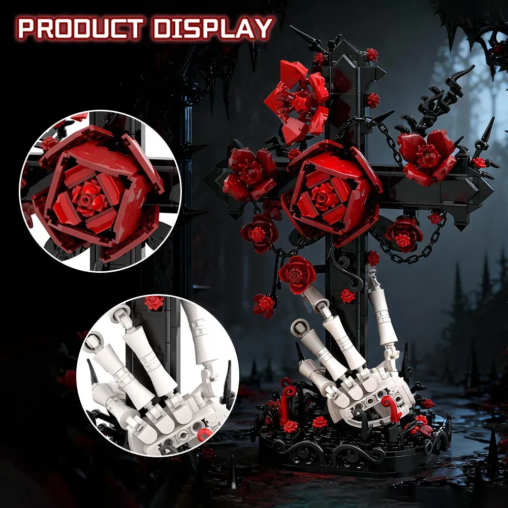 Eternal Embrace: Gothic Crimson Rose & Cross Building Set