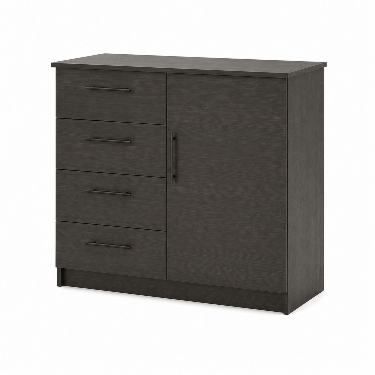 Commode 4 Tiroirs 1 Porte Bois Noir 100x45x85cm