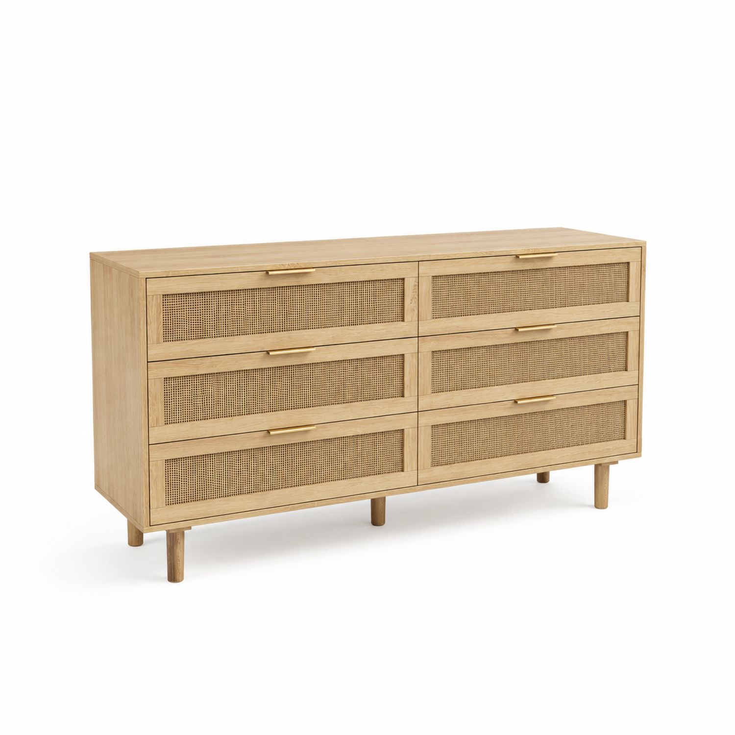 Commode 6 tiroirs en bois et rotin, chêne clair