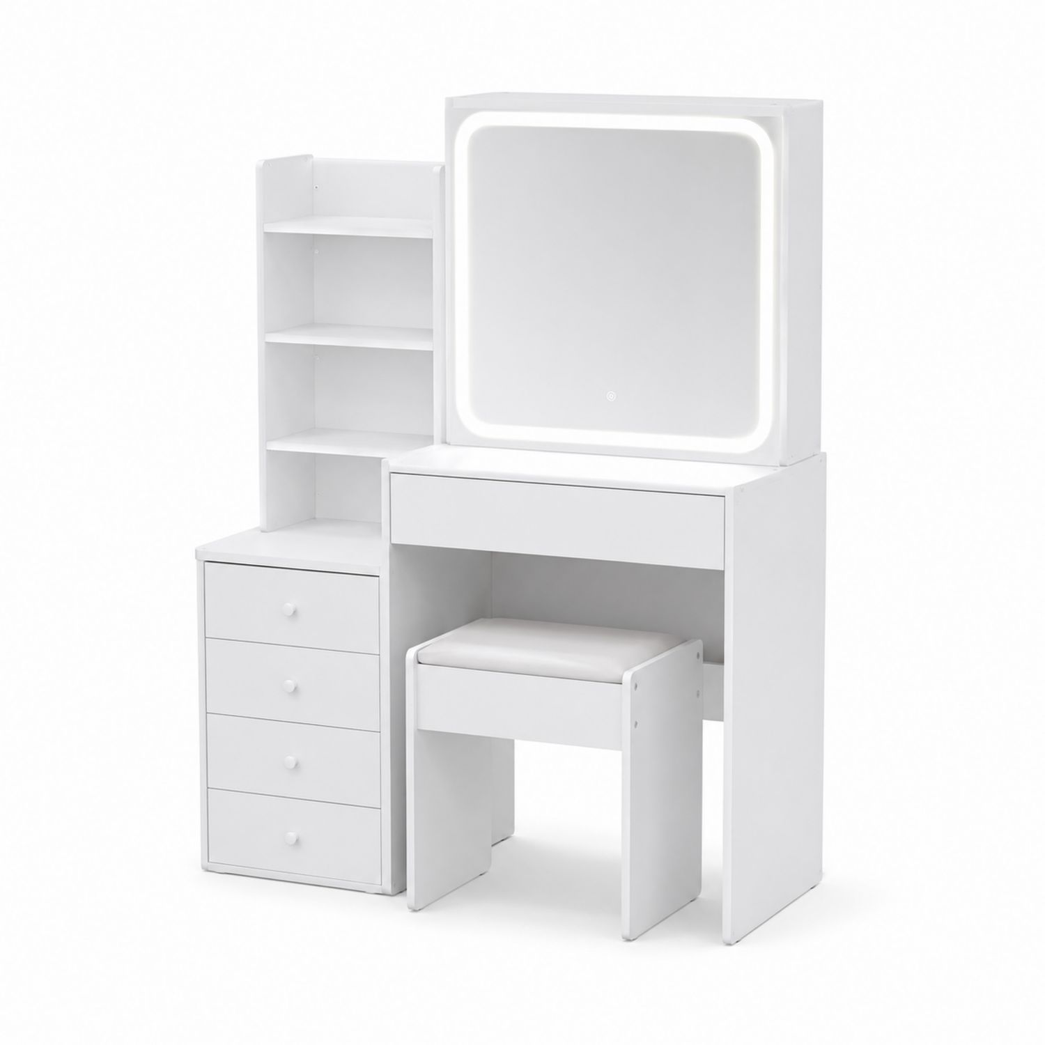 Coiffeuse en bois MDF Blanc avec miroir LED et tabouret