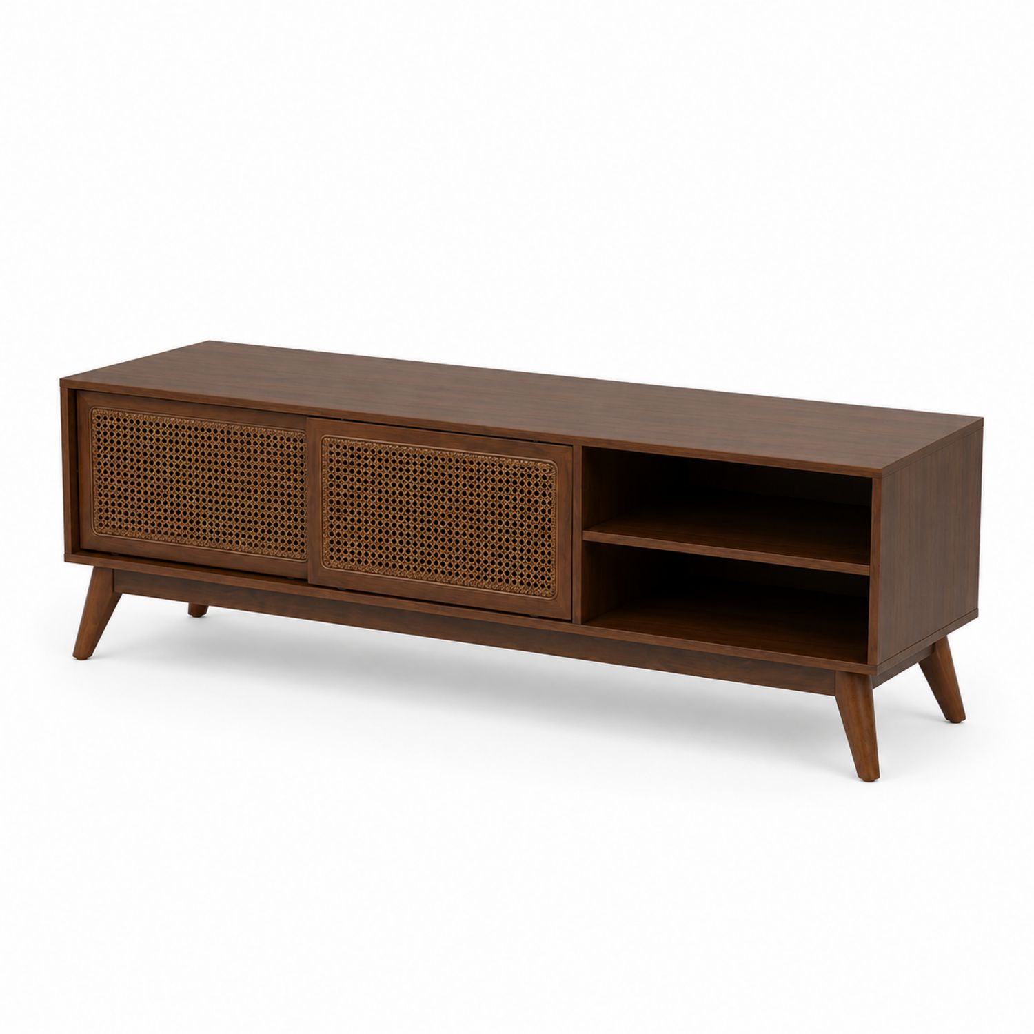 Meuble TV en bois avec portes en rotin brun