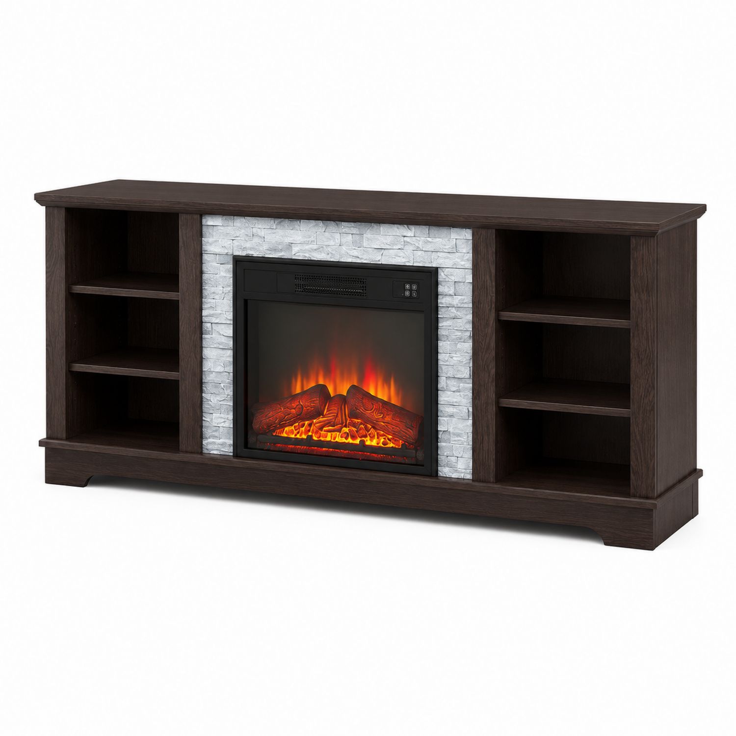Meuble TV avec cheminée électrique en bois et pierre