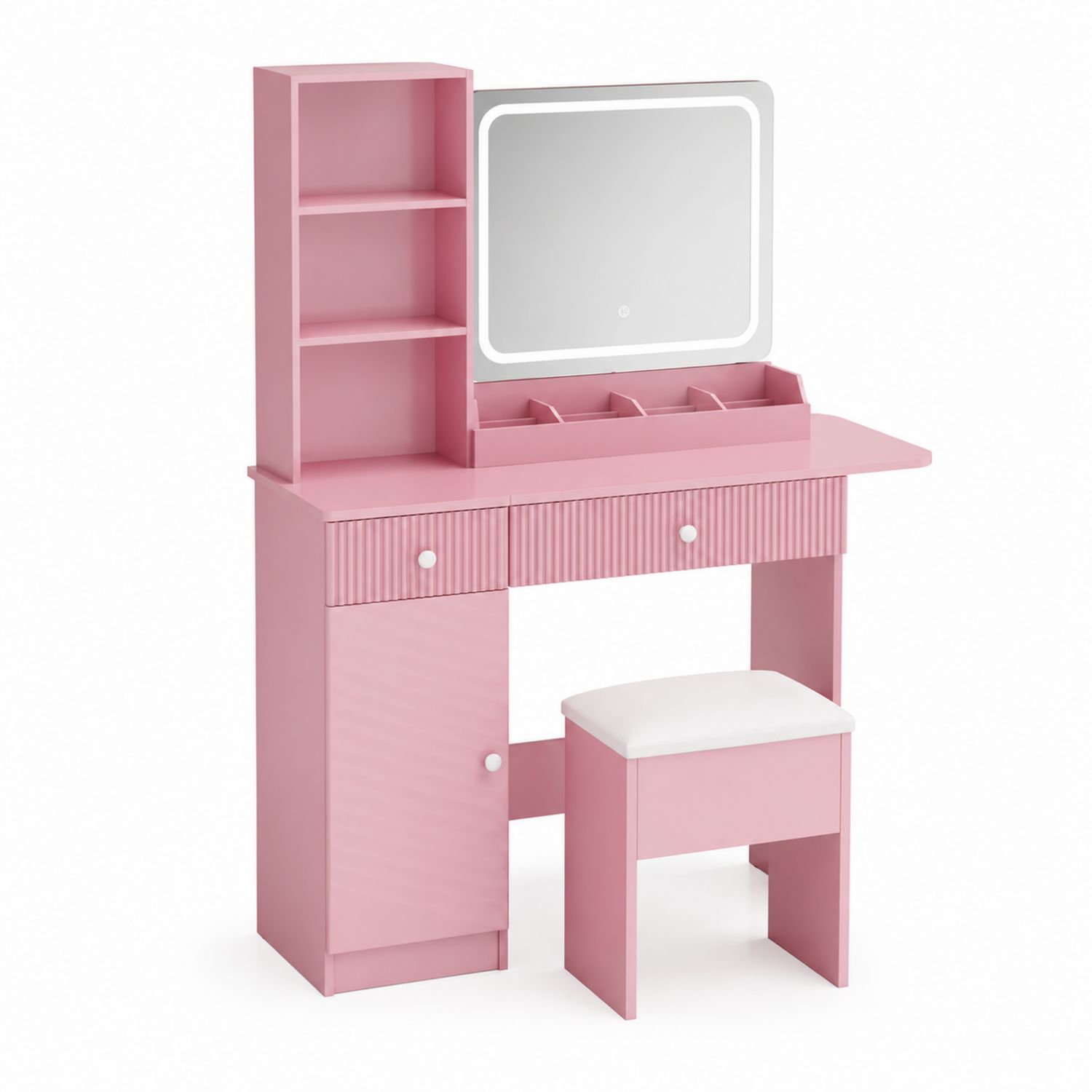 Coiffeuse en bois rose avec miroir LED et tabouret, 140x80x40 cm