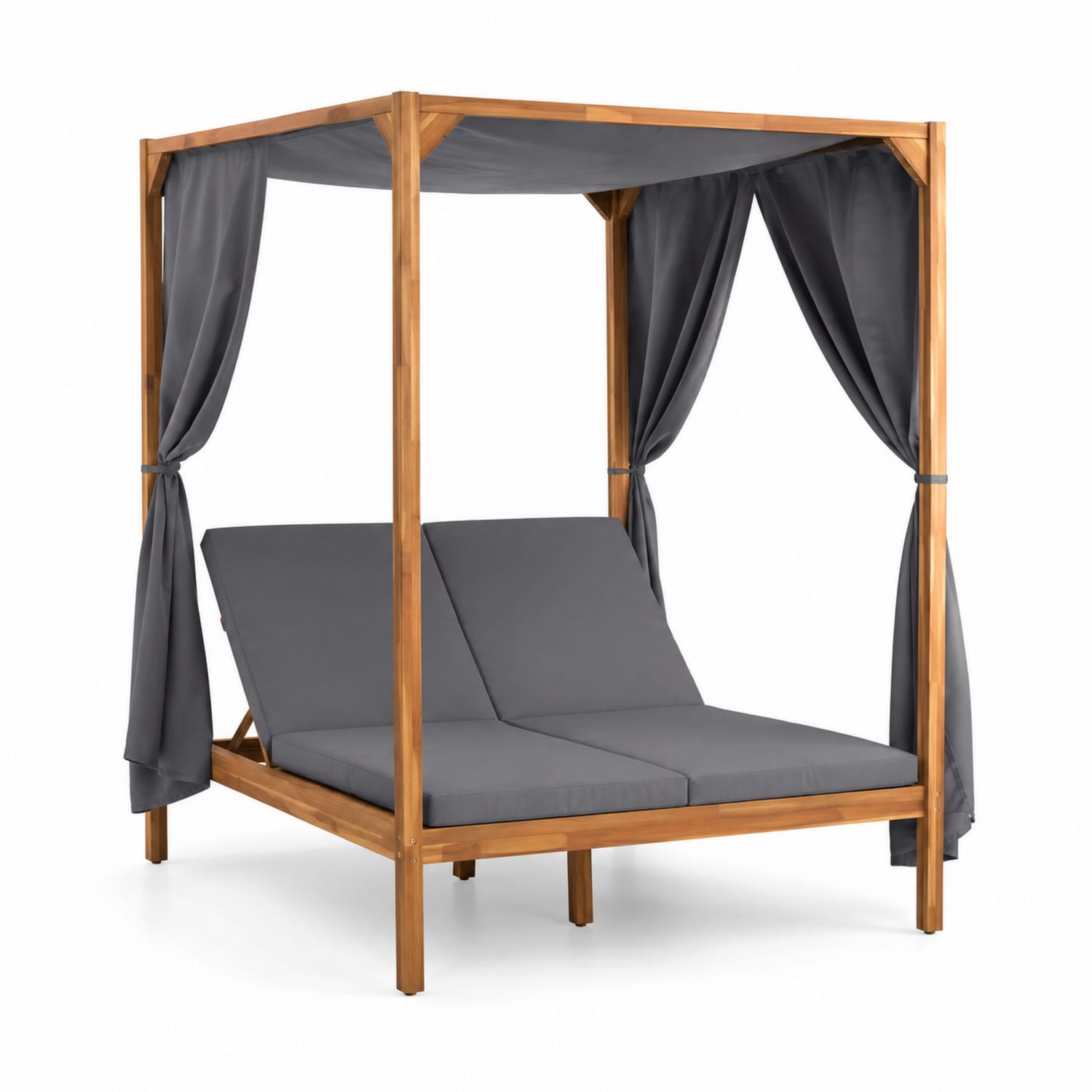 Lit de repos extérieur double en bois avec baldaquin en polyester gris