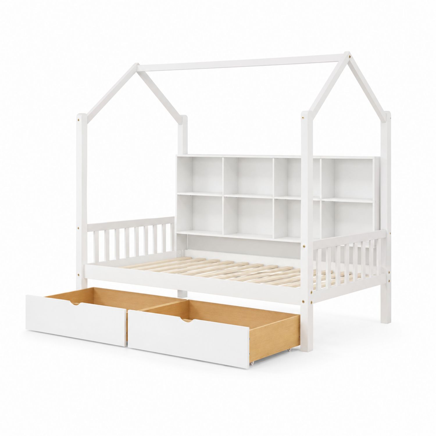 Lit cabane en bois avec étagères et tiroirs - Blanc