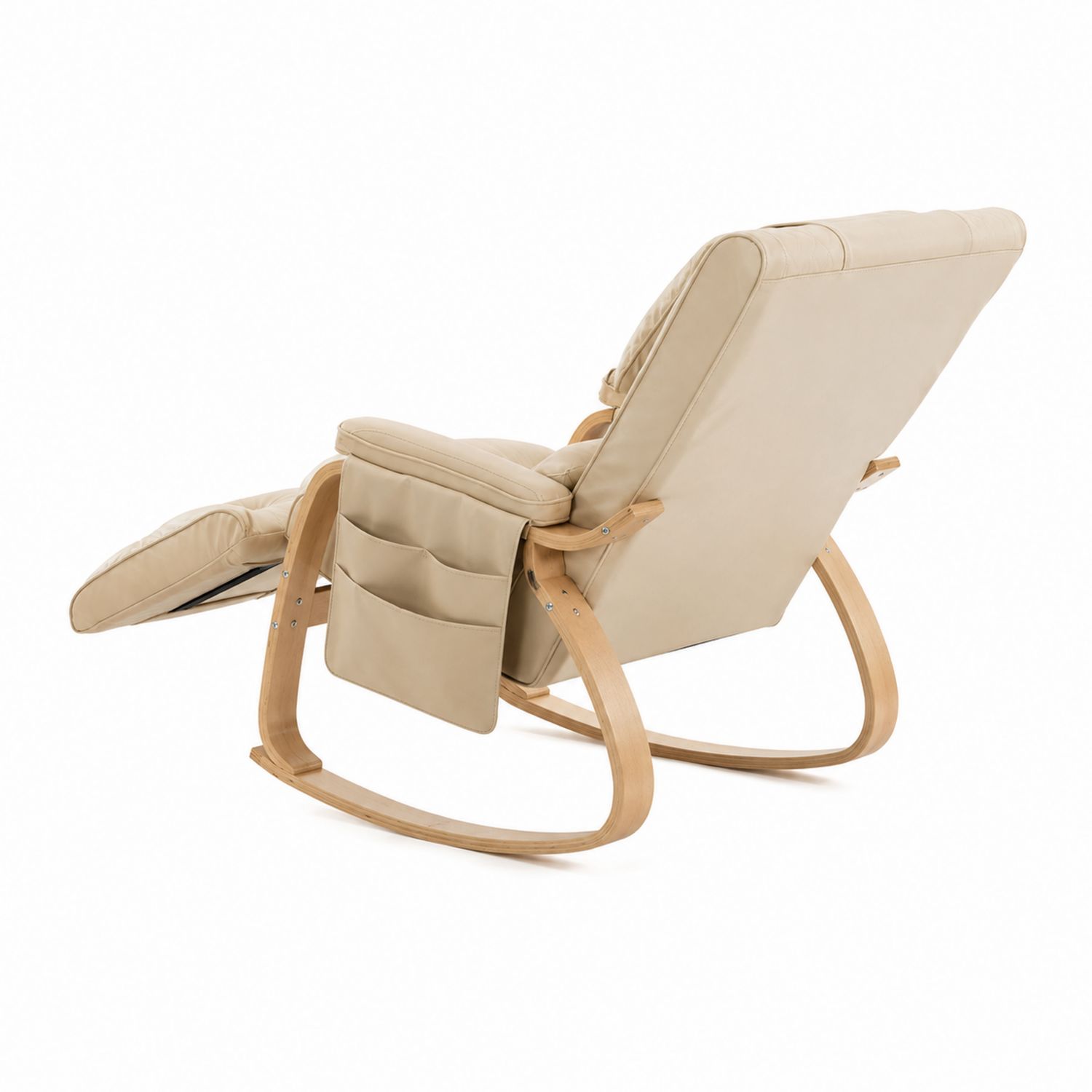 Fauteuil à bascule en bois et cuir synthétique beige