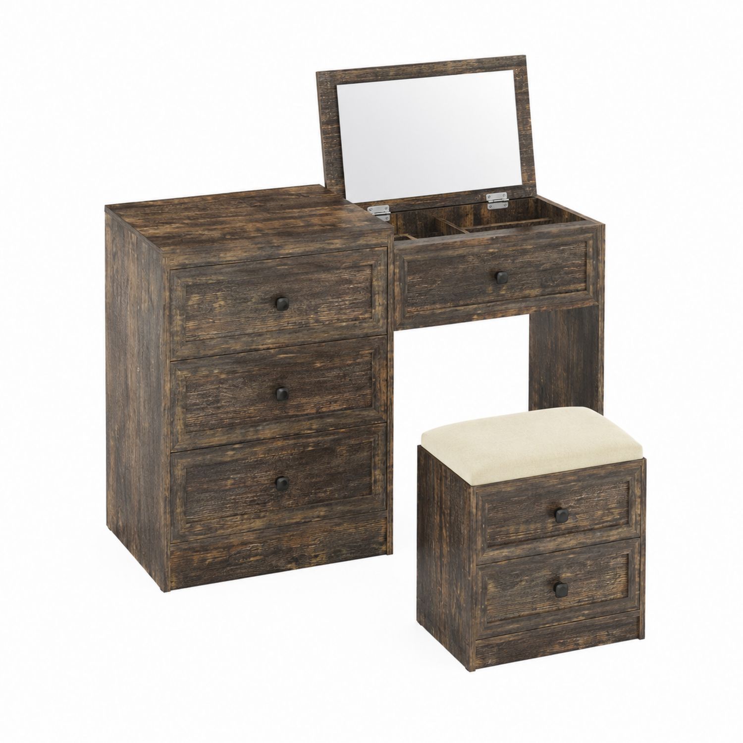 Coiffeuse en bois avec tabouret et tiroirs