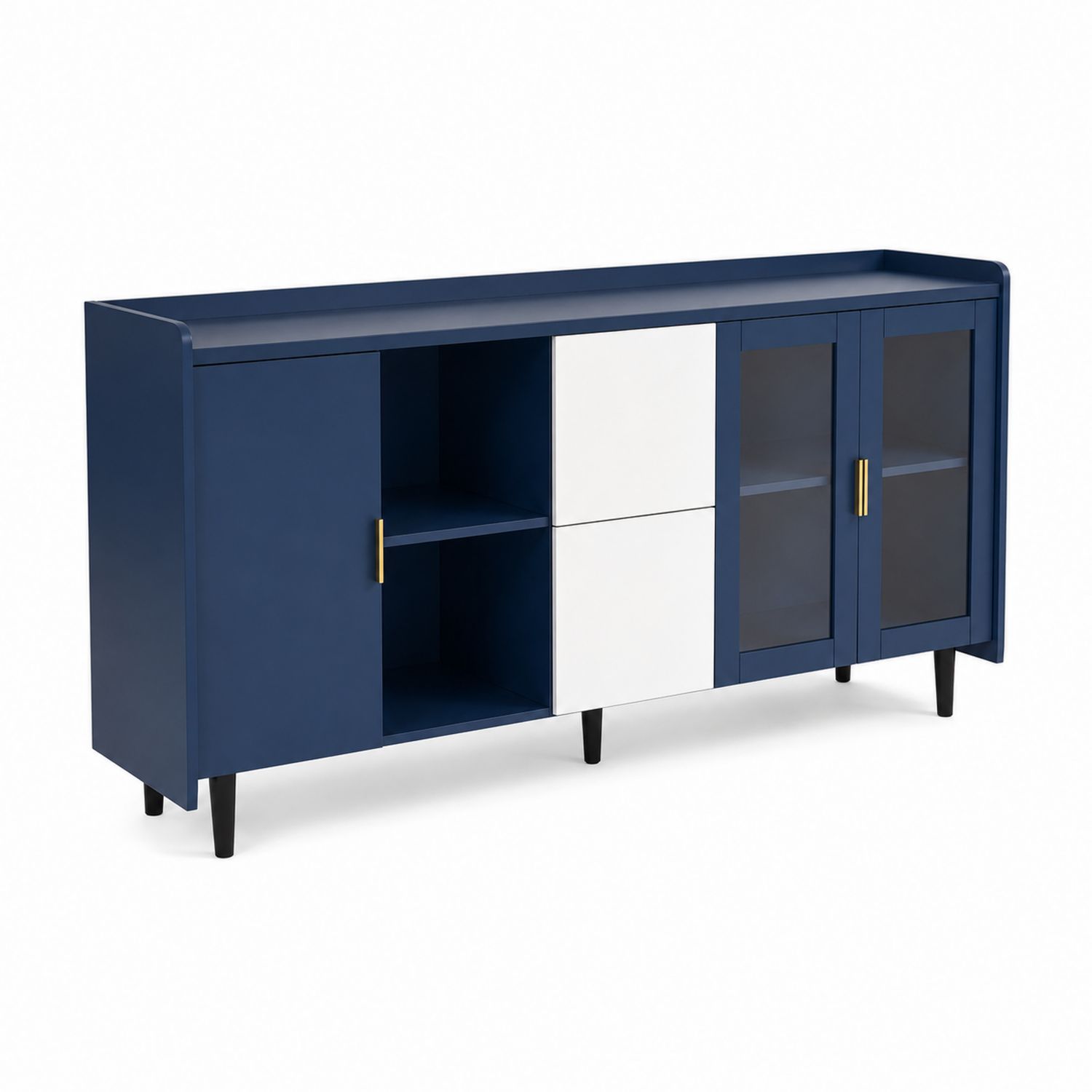 Buffet en bois avec portes en verre trempé 180x40x90 cm Bleu et Blanc