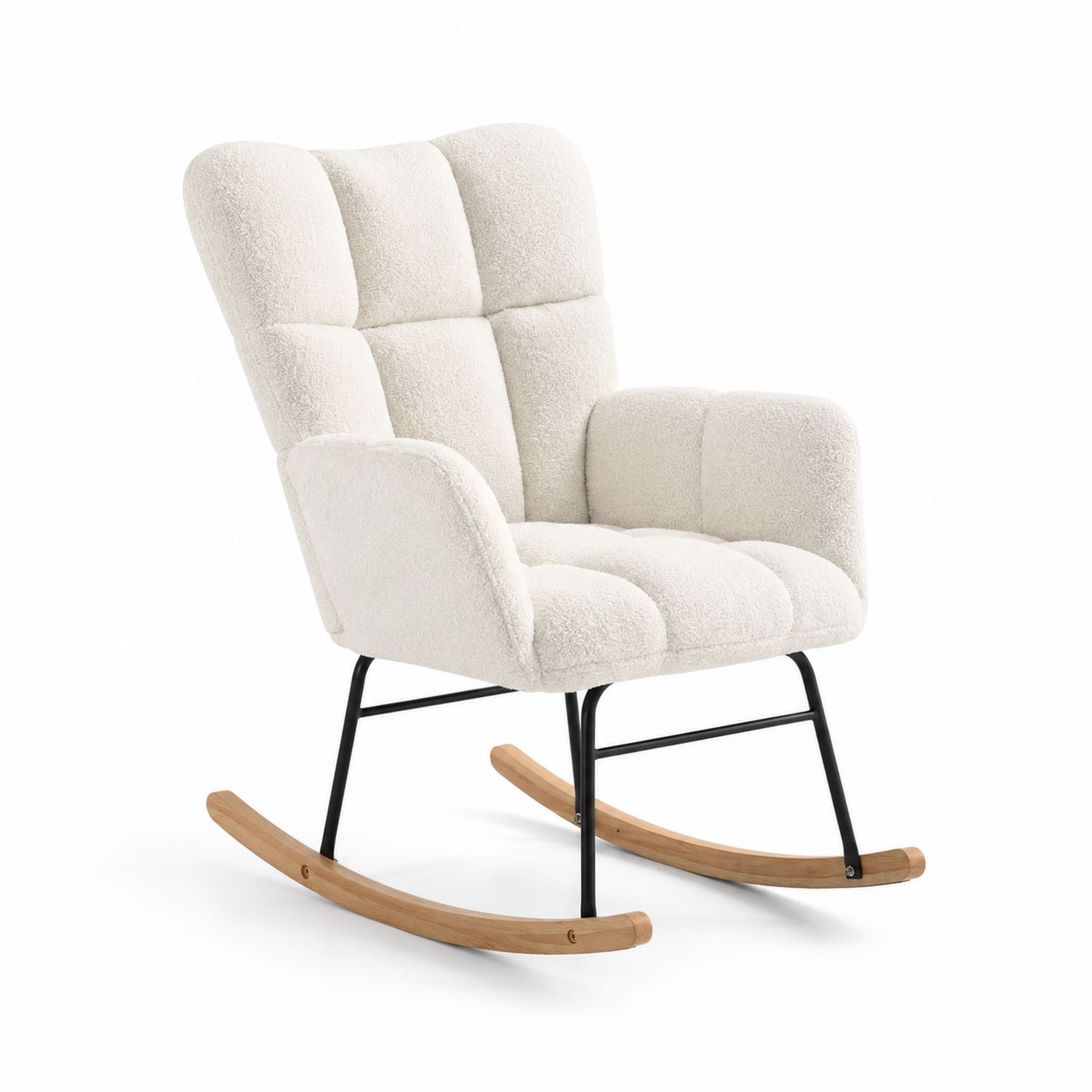 Fauteuil à bascule en tissu bouclette Blanc avec cadre en métal et pieds en bois