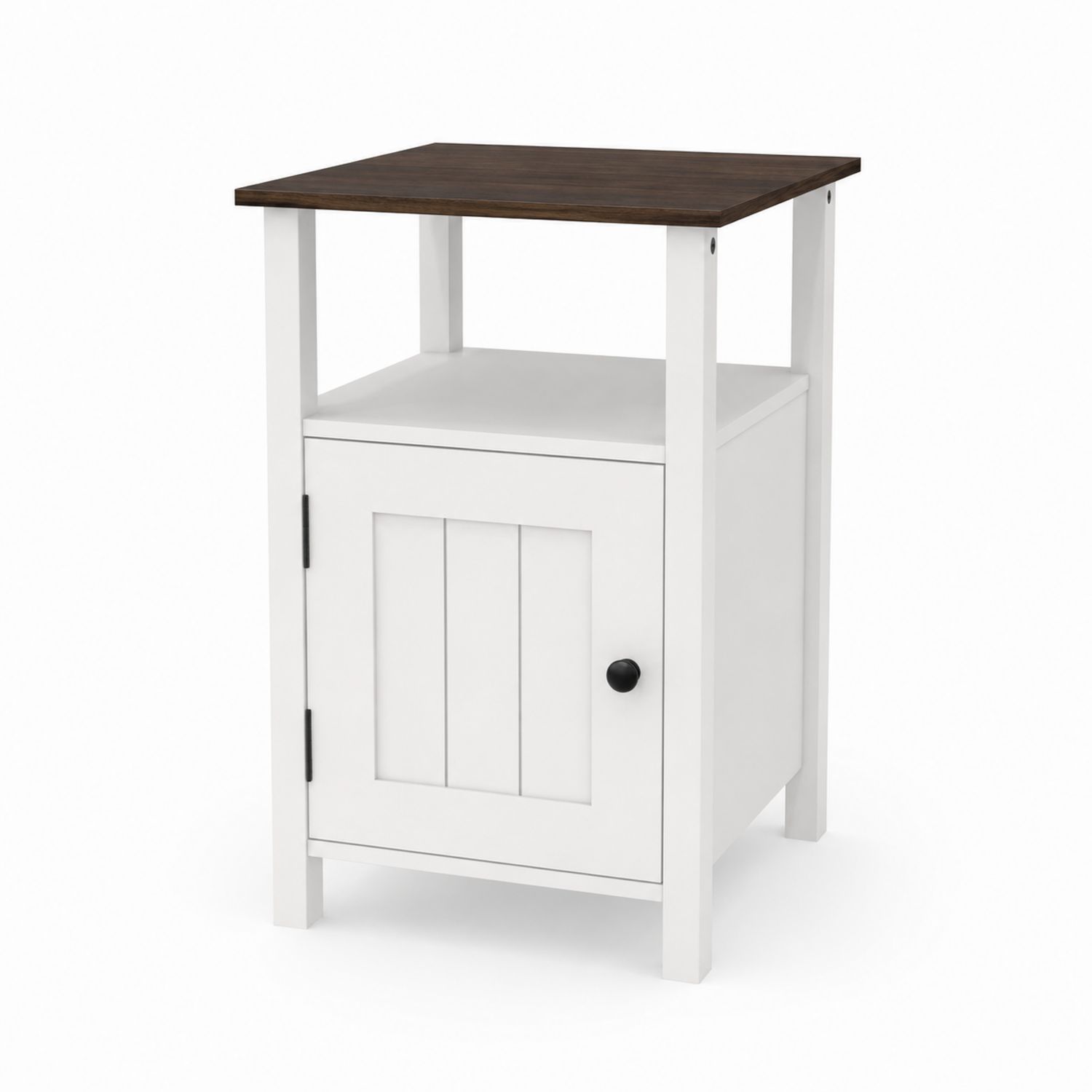 Table de chevet en bois avec porte blanc et plateau marron-Loftnestluxe