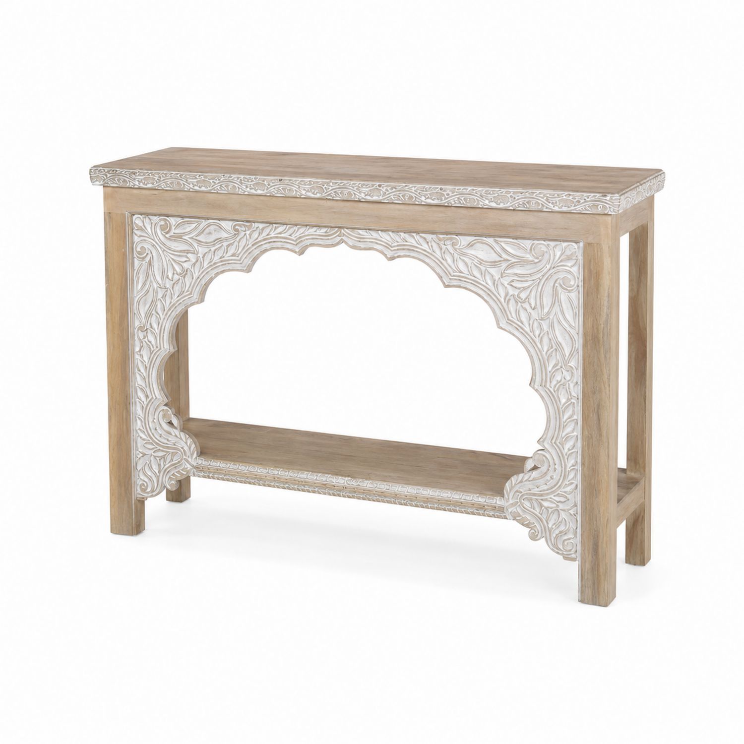 Console en bois de manguier sculpté avec étagère-Loftnestluxe