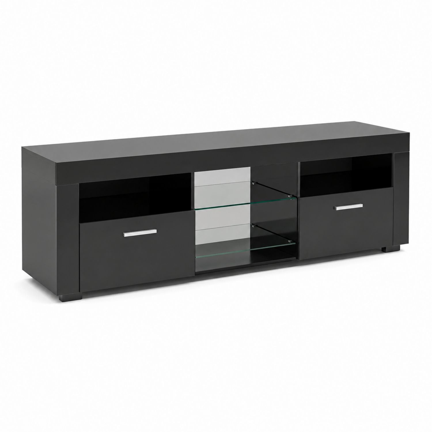 Meuble TV en bois noir avec étagères en verre trempé-Loftnestluxe