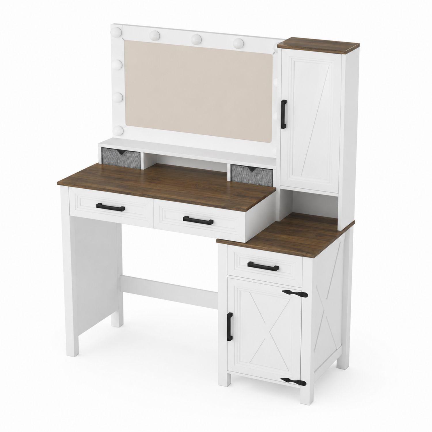 Coiffeuse en bois avec miroir éclairé et rangements Blanc/Chêne-Loftnestluxe