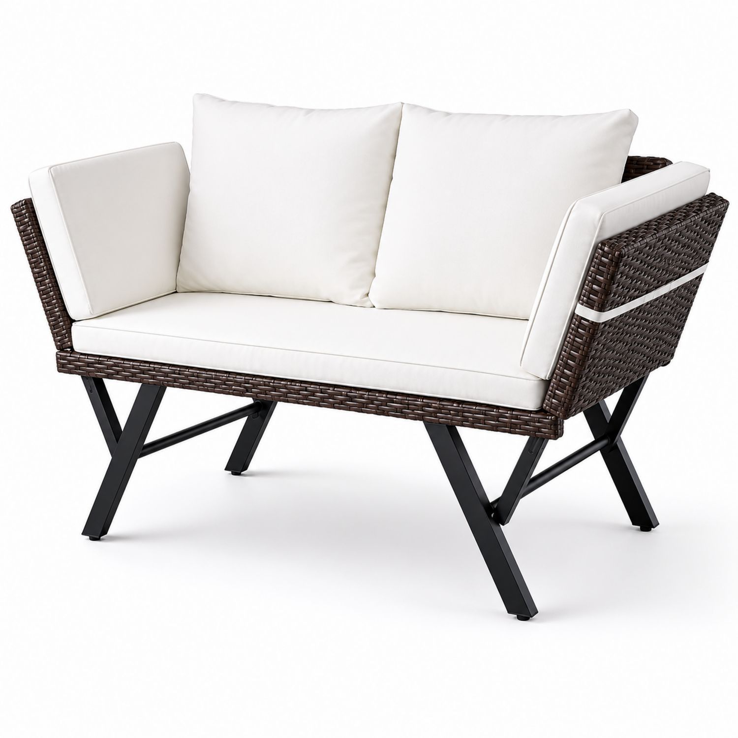 Banc en résine tressée et métal avec coussins Crème, 120 cm-Loftnestluxe