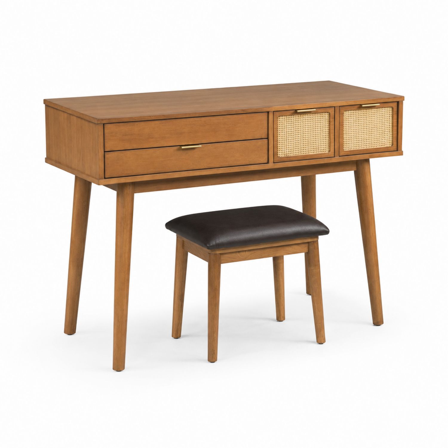 Coiffeuse en bois avec tabouret rembourré noir et tiroirs en osier-Loftnestluxe