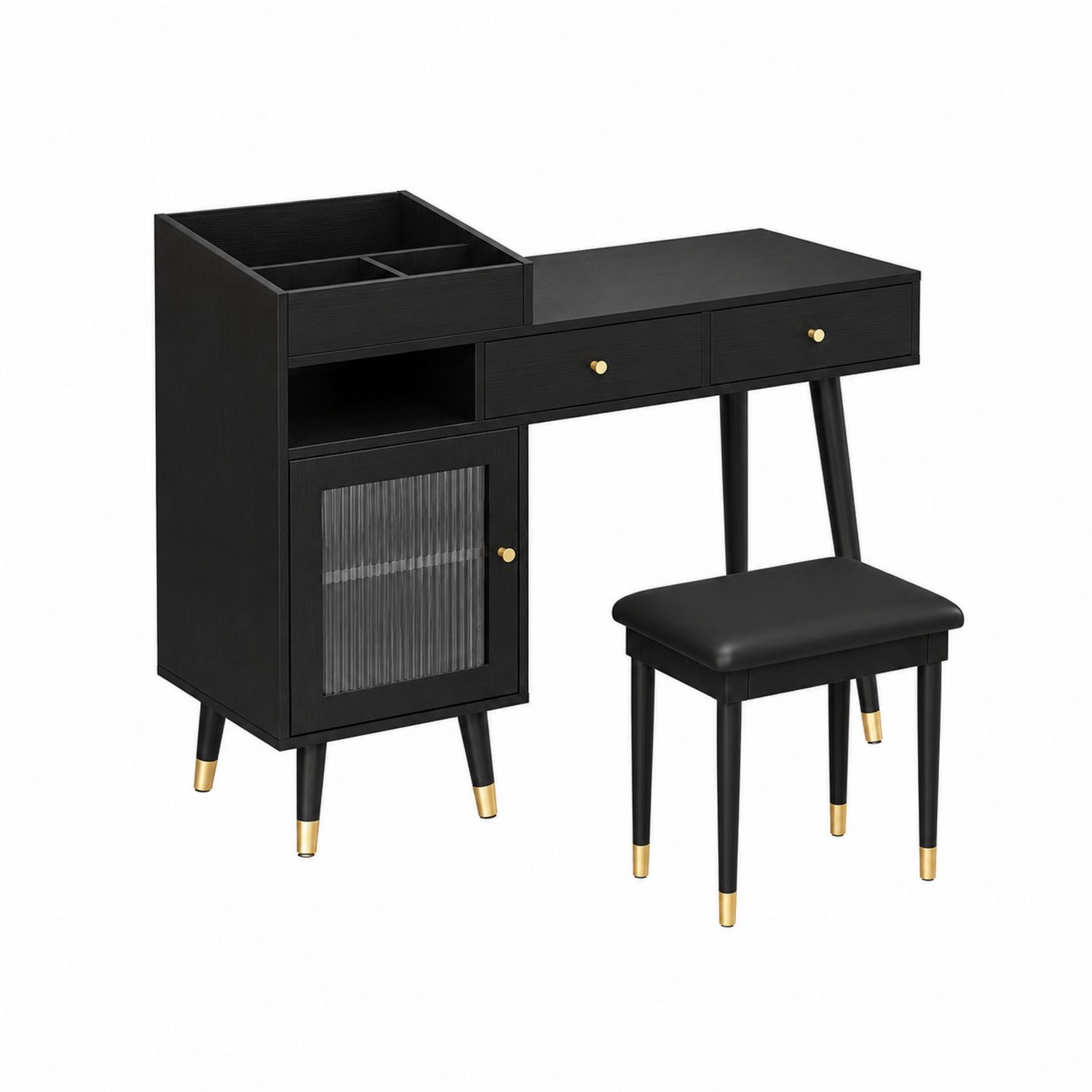Coiffeuse en bois noir avec tabouret et verre cannelé-Loftnestluxe
