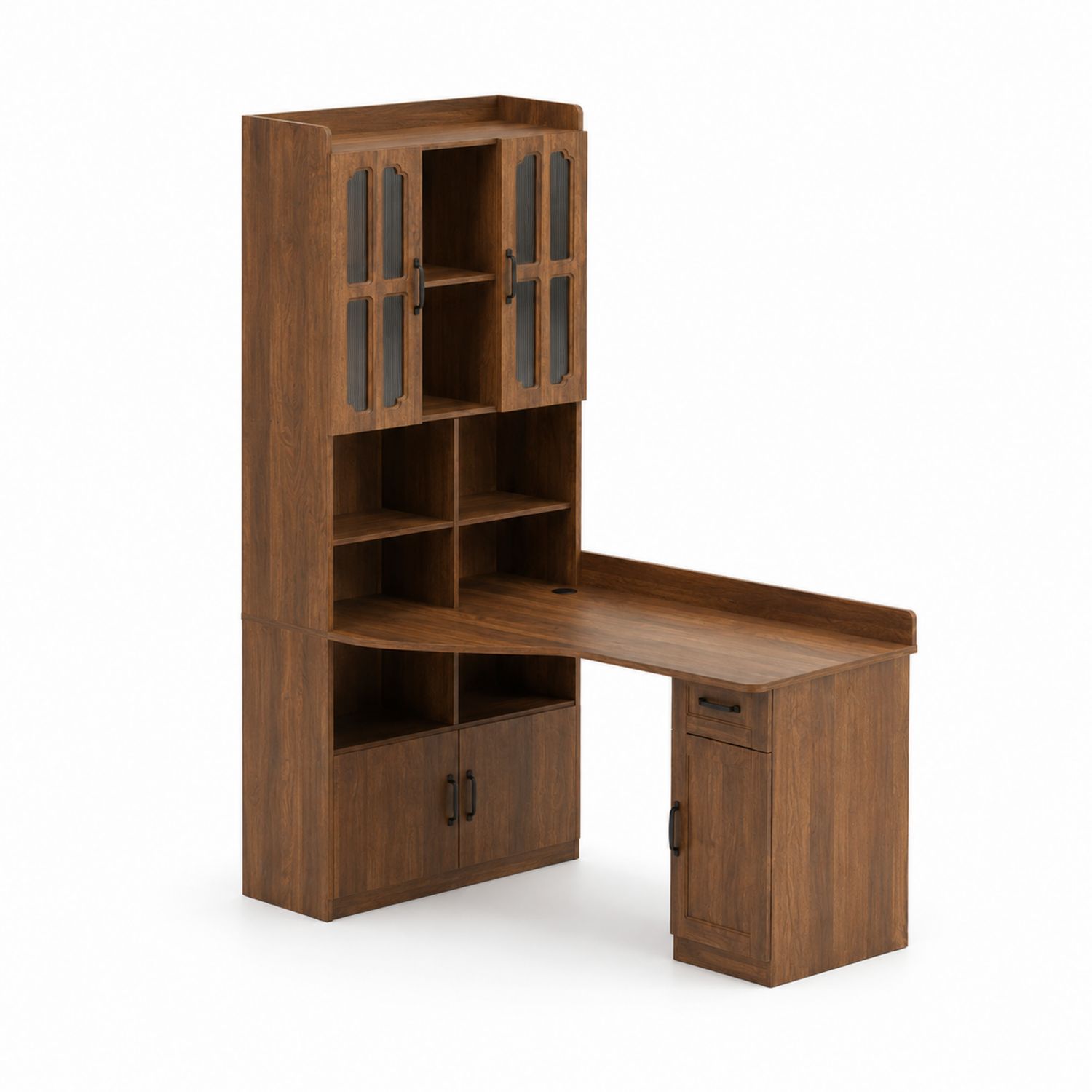 Bureau en L avec étagères en bois et vitres en verre trempé marron-Loftnestluxe