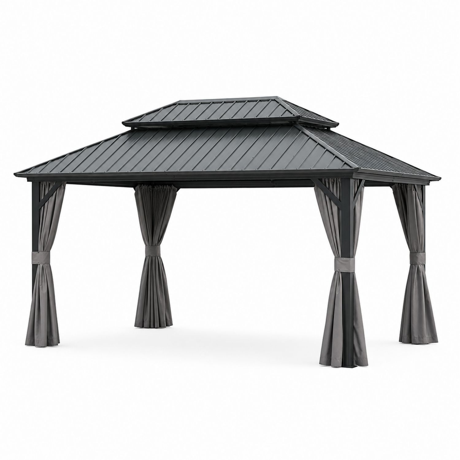 Pavillon de jardin en aluminium avec toit en métal et rideaux en polyester 4x3m Gris-Loftnestluxe