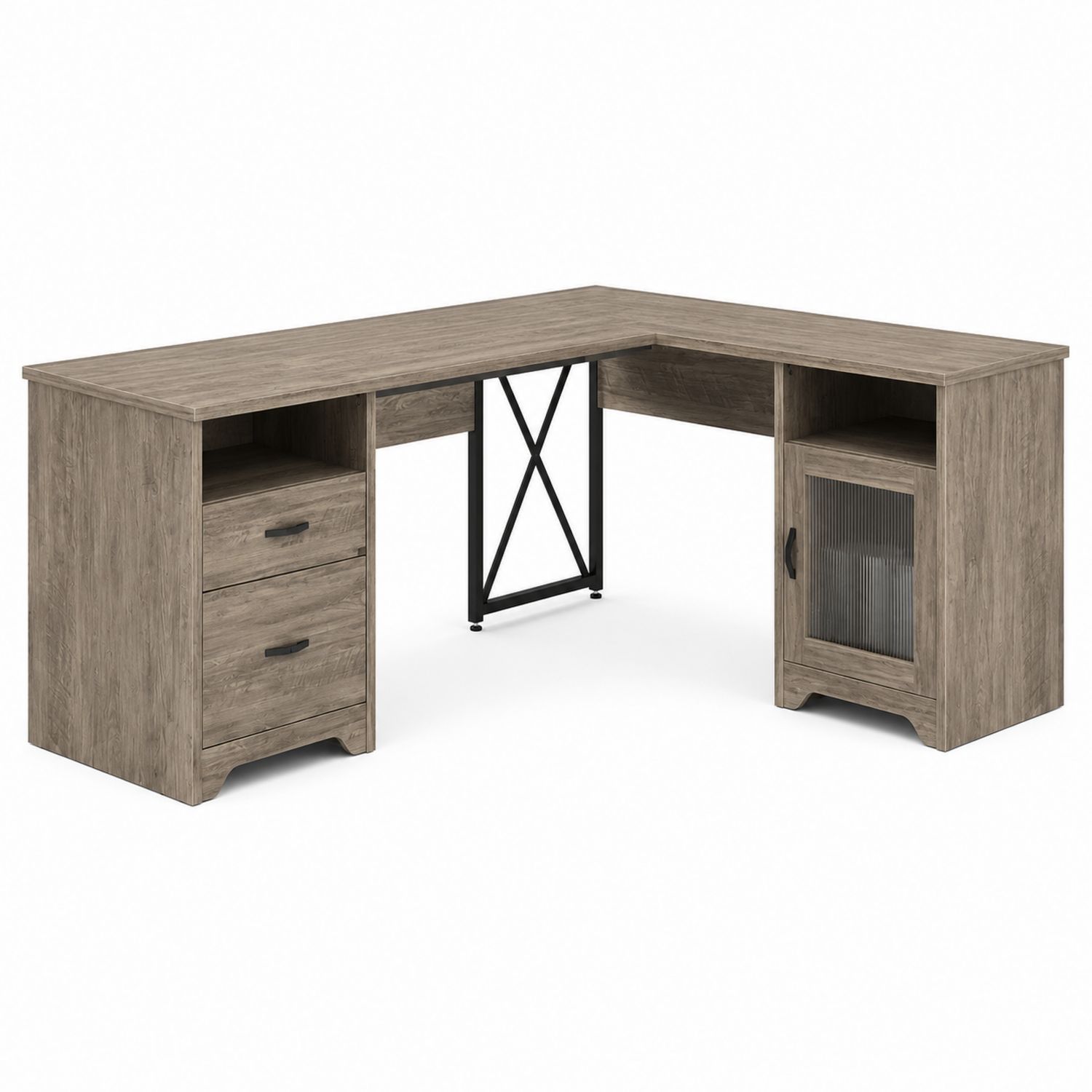 Bureau d'angle en L avec tiroirs et placard en bois et métal, Marron-Loftnestluxe
