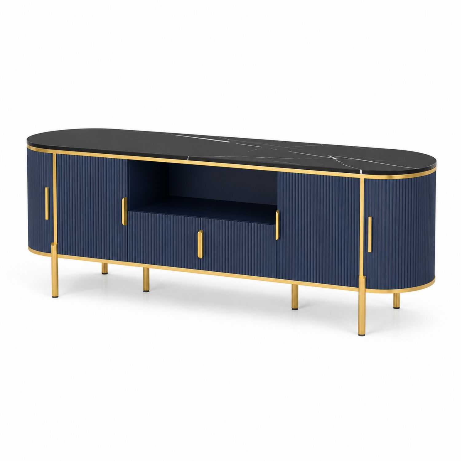 Meuble TV ovale en bois et métal avec plateau en marbre, 180 cm-Loftnestluxe