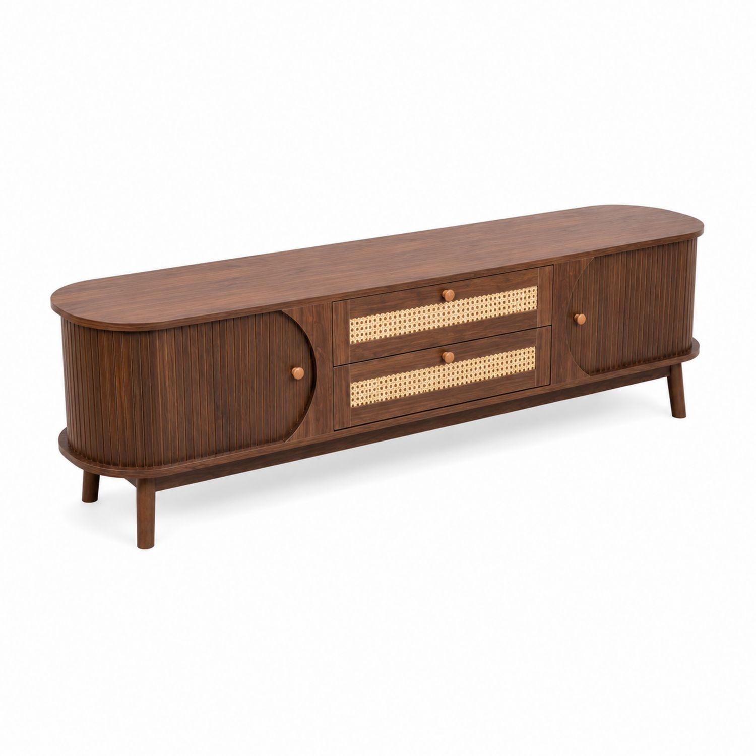 Meuble TV en bois avec portes et tiroirs 180 cm Noyer-Loftnestluxe