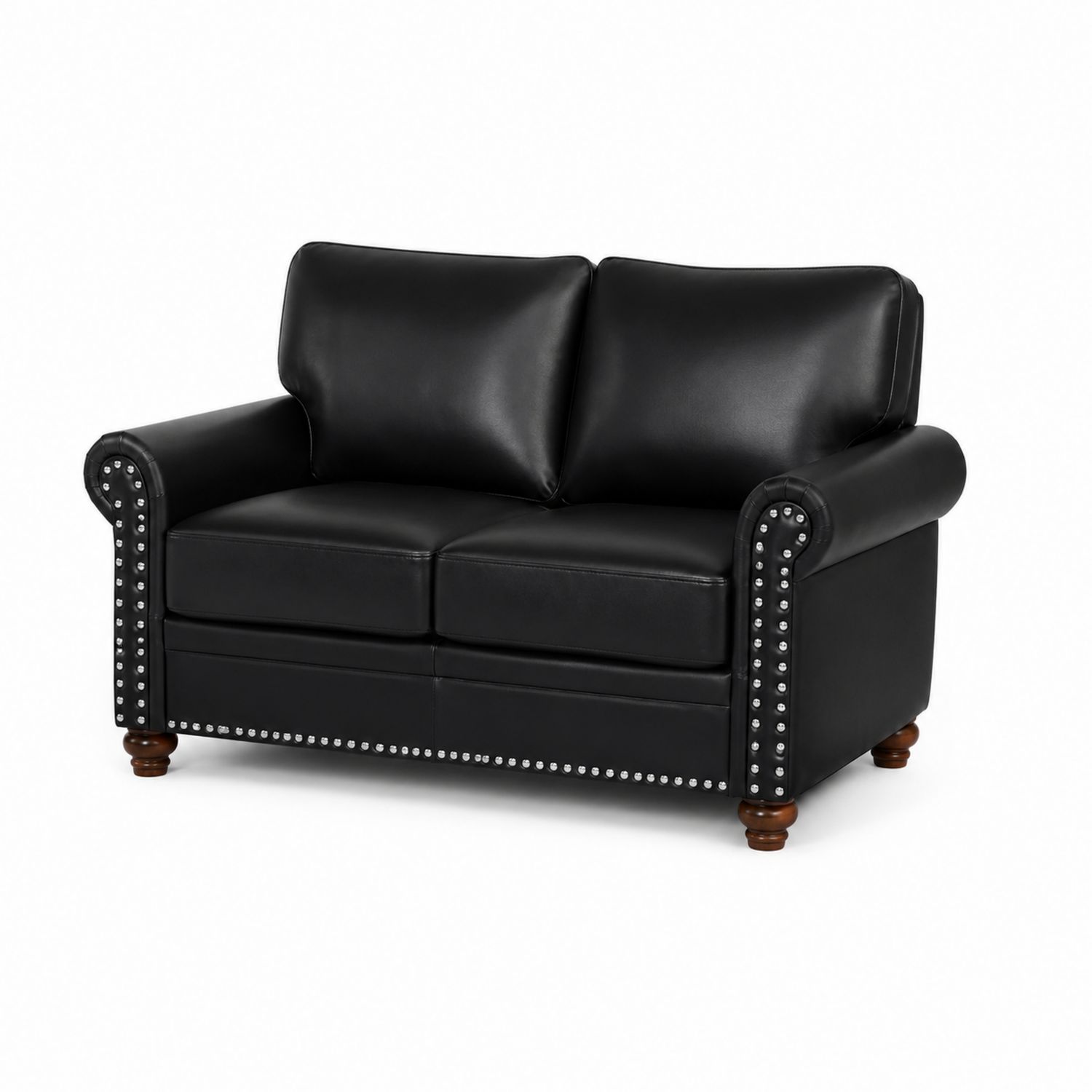 Canapé deux places en cuir noir avec pieds en bois-Loftnestluxe