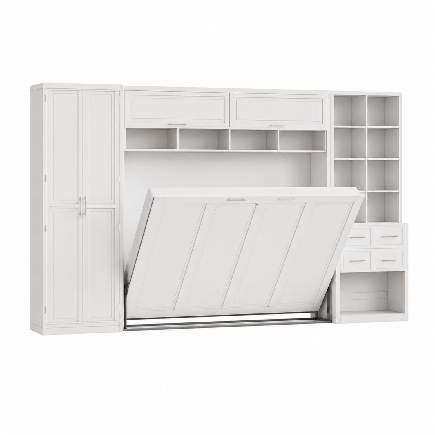 Lit escamotable en bois avec armoire et étagères, Blanc-Loftnestluxe