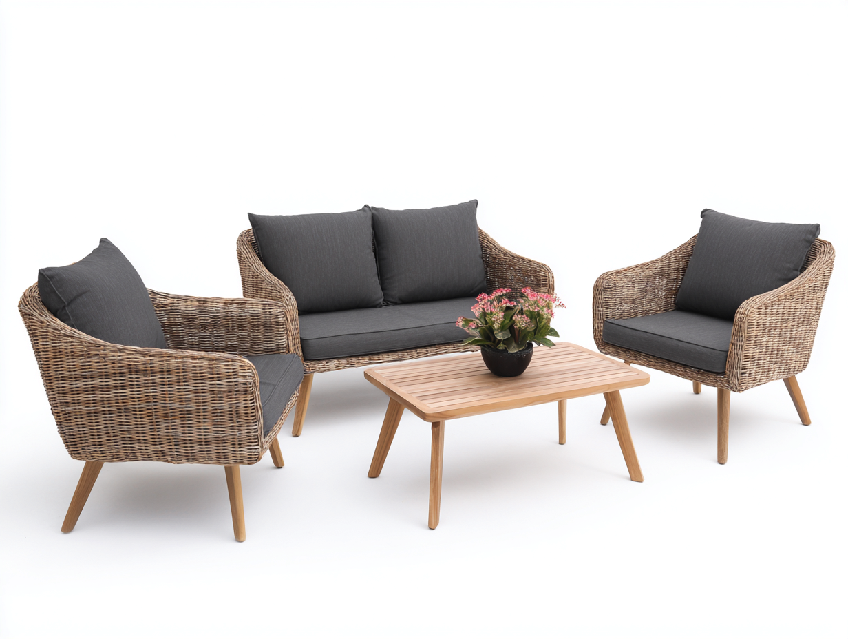 Divani da esterno - rattan-legno-tessuto - 166x82x76 cm - naturale-grigio - moderno rustico-Favozihome