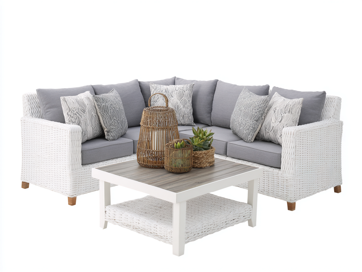 Divani da esterno - rattan PE-tessuto-legno - 256x256x74 cm - bianco-grigio - moderno-Favozihome