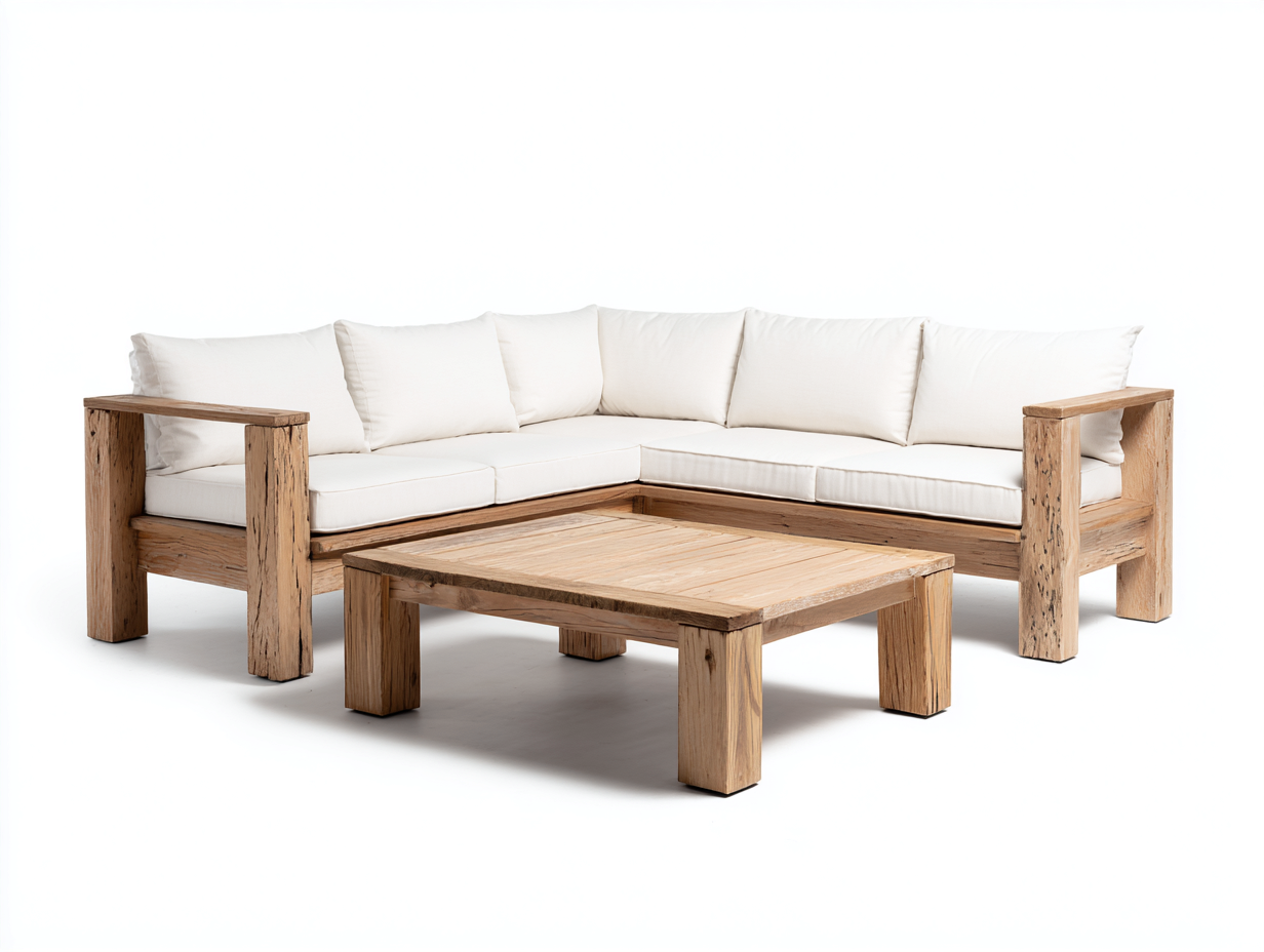Divani da esterno - legno-tessuto - 262x262x76 cm - naturale-bianco - rustico-Favozihome