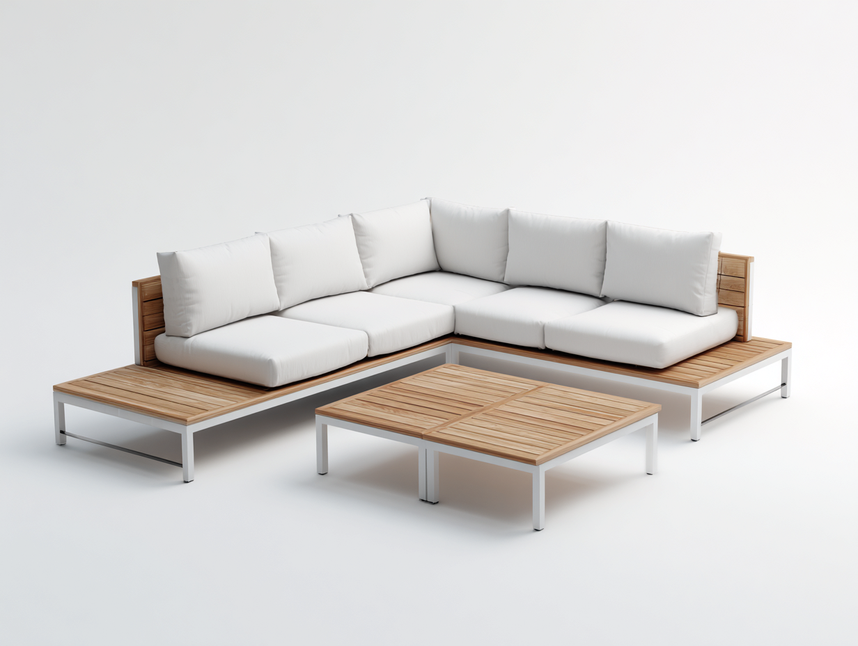 Divani da esterno - teak-metallo-tessuto - 286x236x72 cm - naturale-bianco-argento - moderno-Favozihome