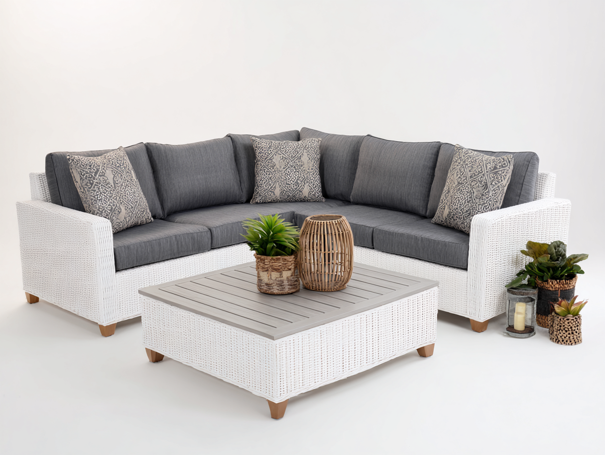 Divani da esterno - rattan PE-tessuto-legno - 258x258x74 cm - bianco-grigio - moderno-Favozihome