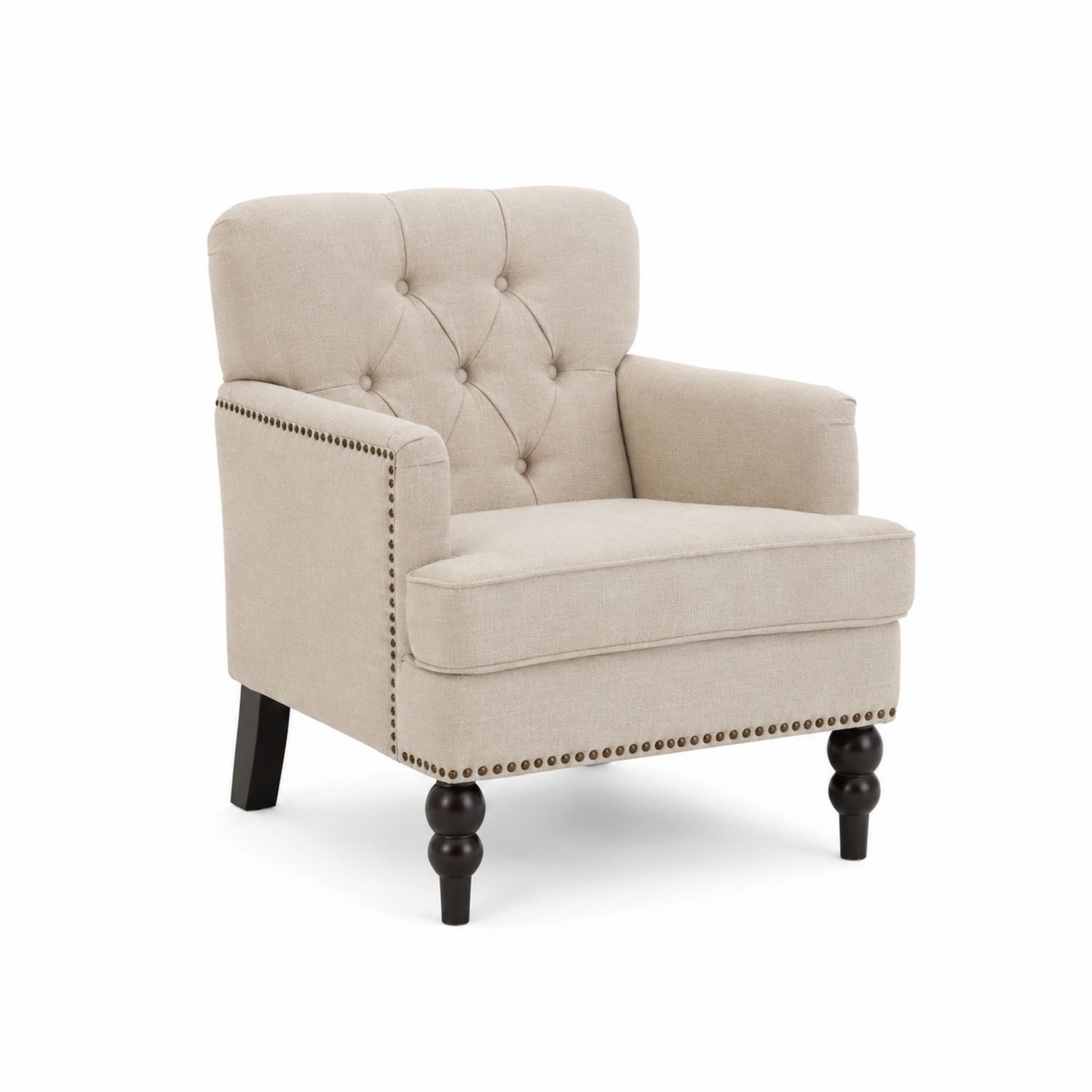 Fauteuil en tissu beige avec pieds en bois foncé
