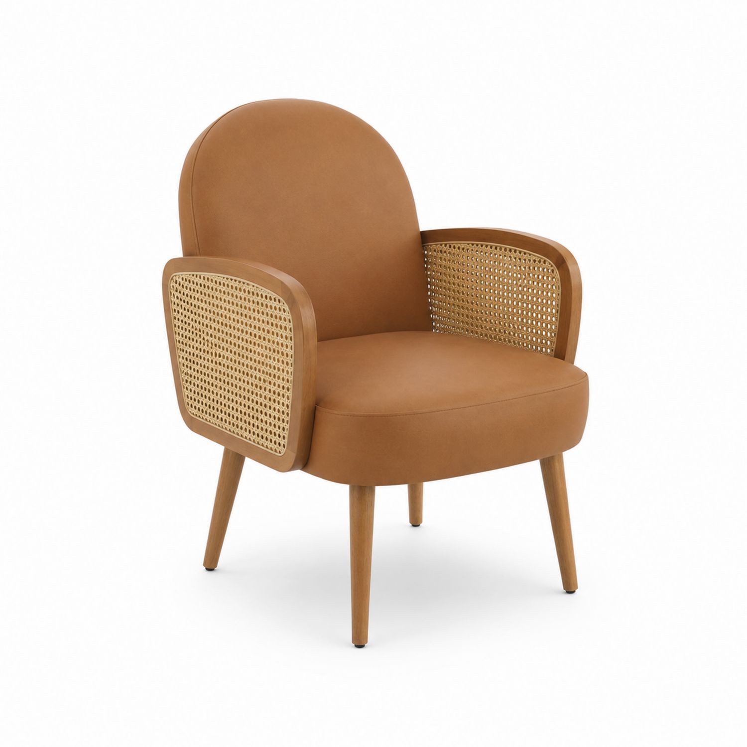 Fauteuil en bois avec accoudoirs en rotin et revêtement en cuir synthétique marron