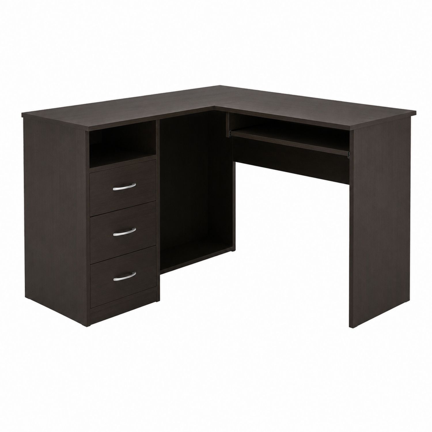Bureau d'angle en bois marron avec tiroirs