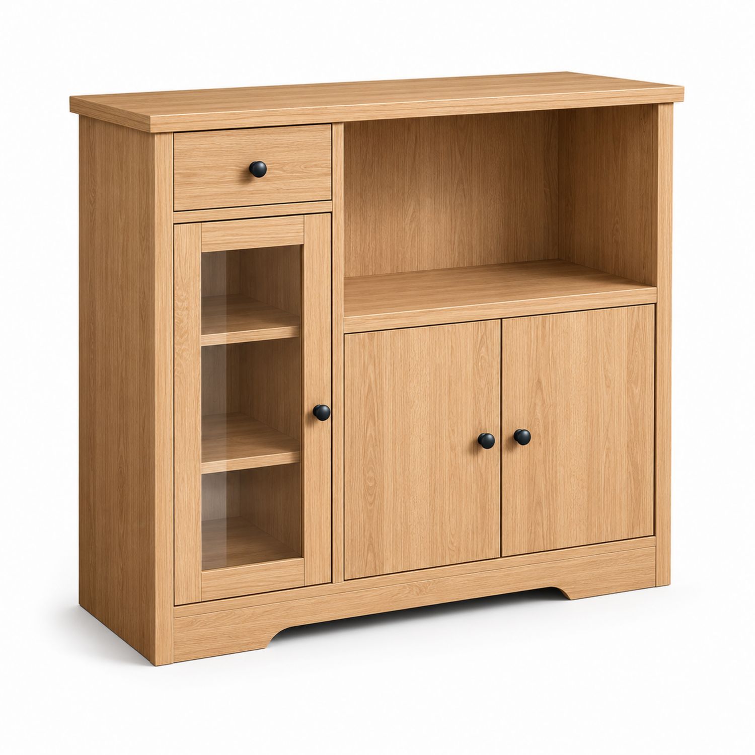 Buffet en bois avec portes vitrées et étagères, Chêne