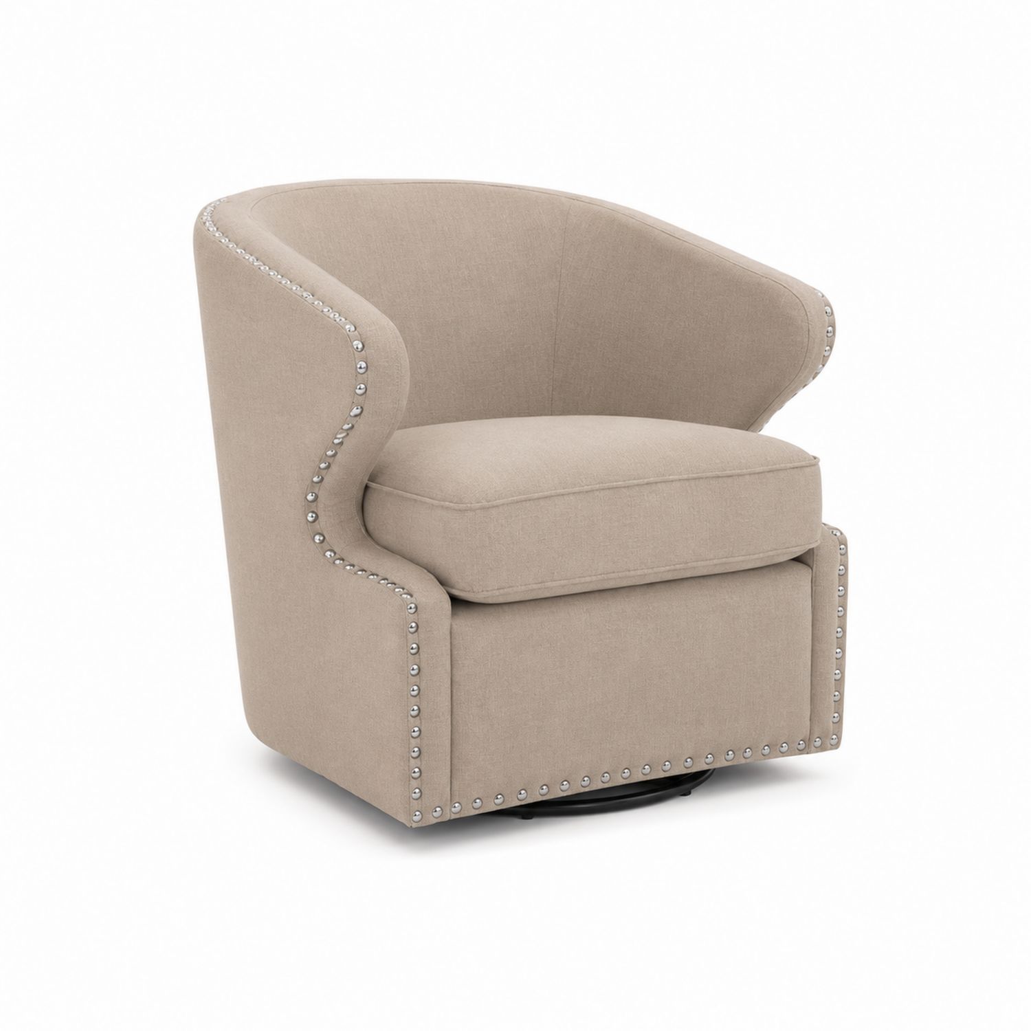 Fauteuil pivotant en tissu polyester beige avec clous décoratifs