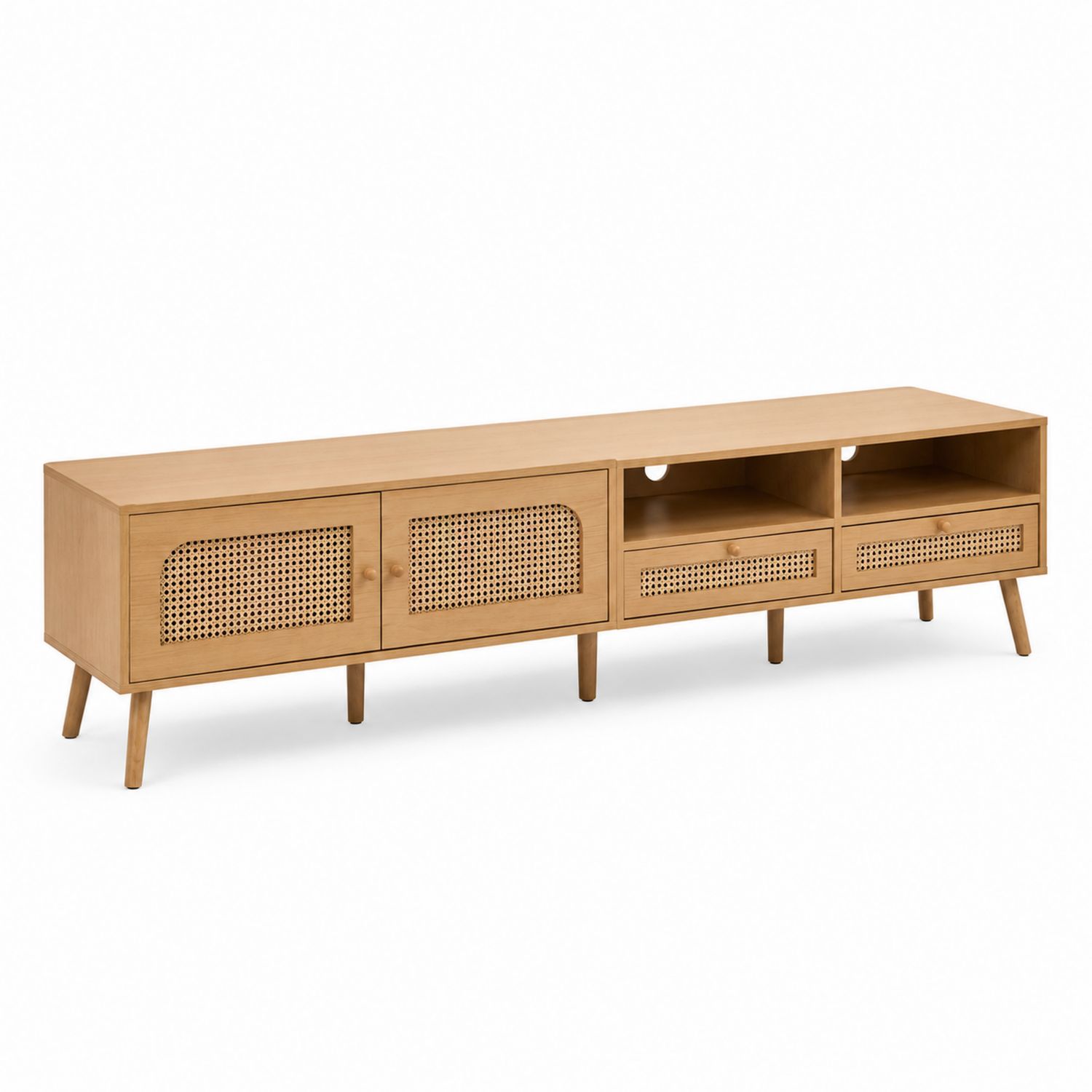 Meuble TV en bois avec portes en rotin cannage 150x40x50 cm