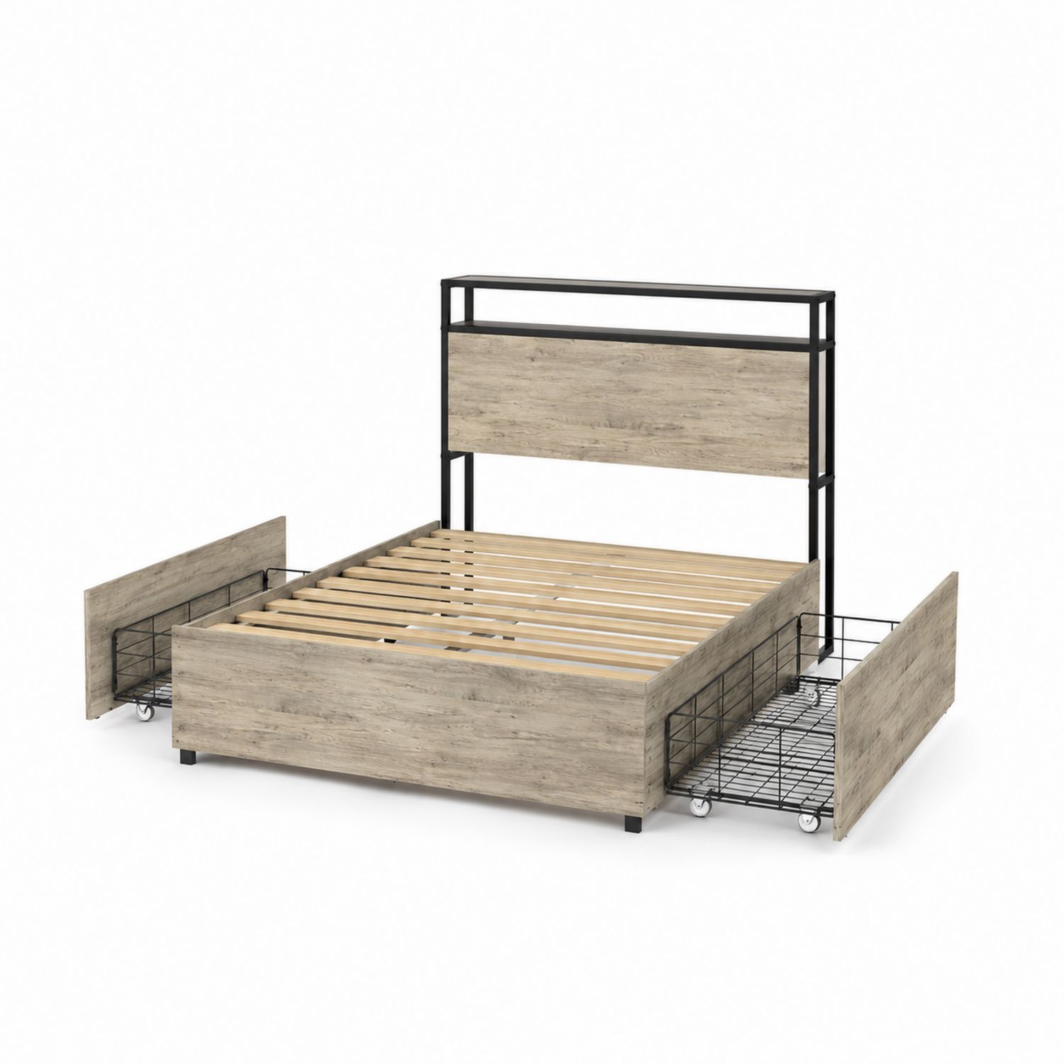 Lit double en métal et MDF avec tiroirs de rangement Chêne/Noir 200x160 cm