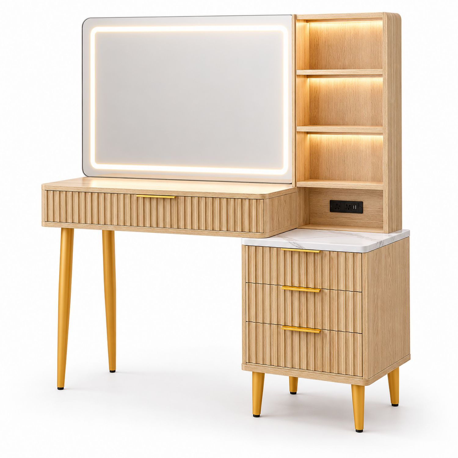 Coiffeuse en bois clair avec miroir LED et tiroirs