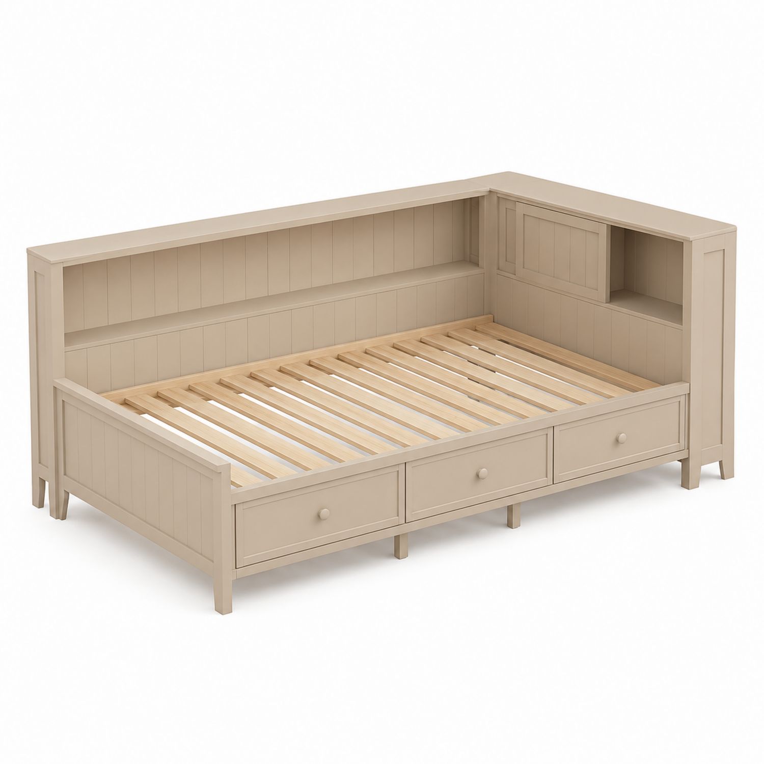 Lit banquette en bois avec rangements et étagères intégrées Beige