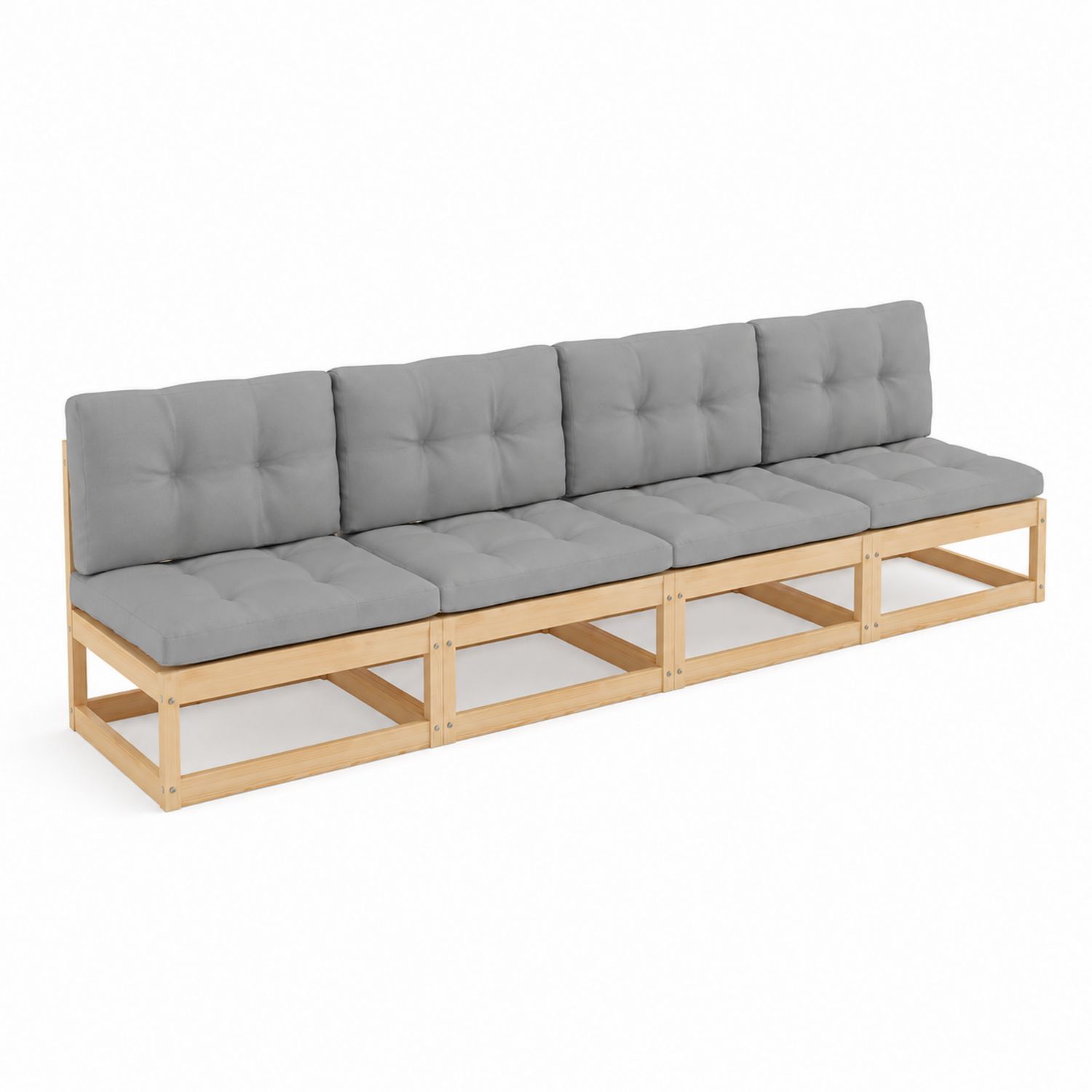 Canapé d'extérieur modulable 5 places en bois avec coussins en tissu gris