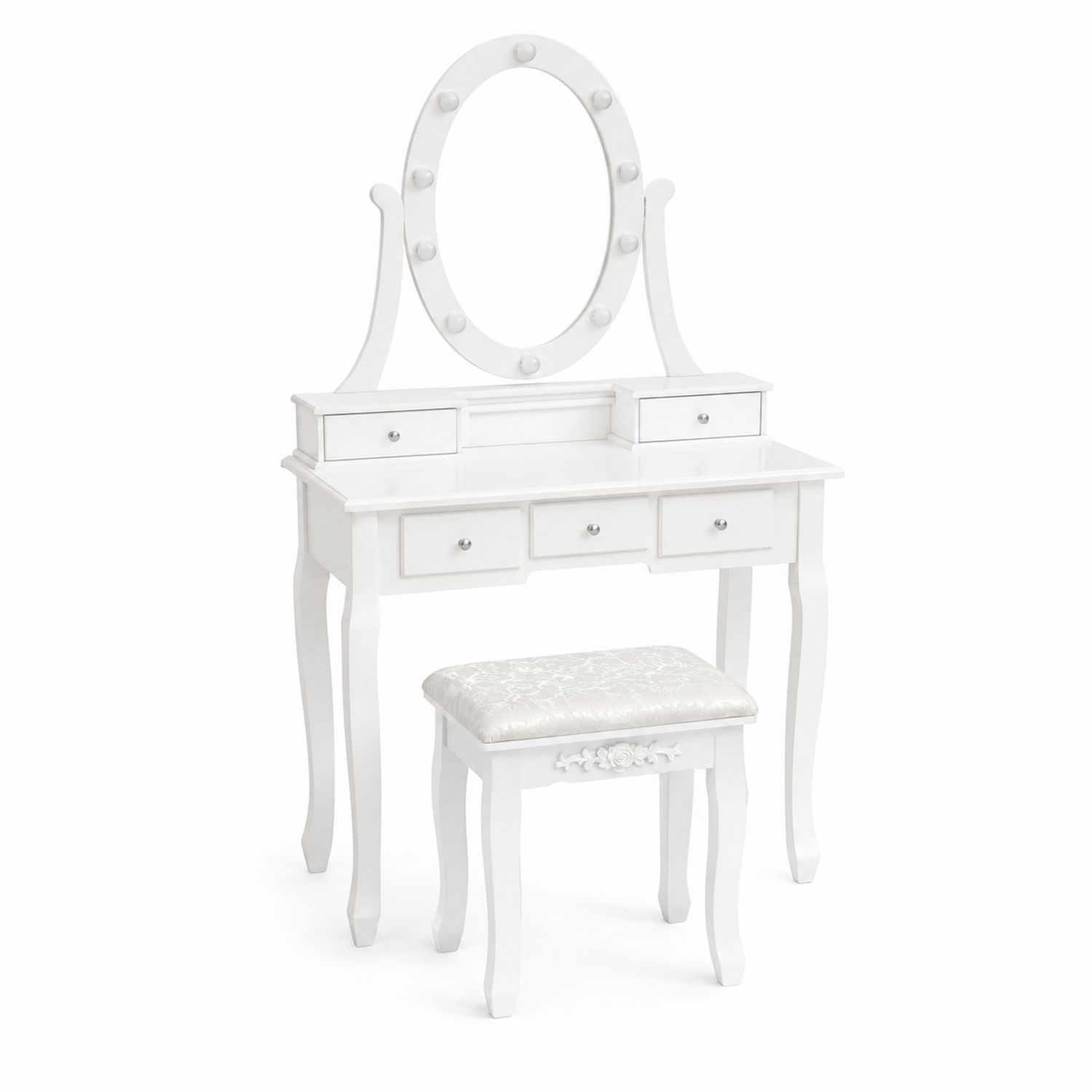Coiffeuse en bois avec miroir ovale et tabouret
