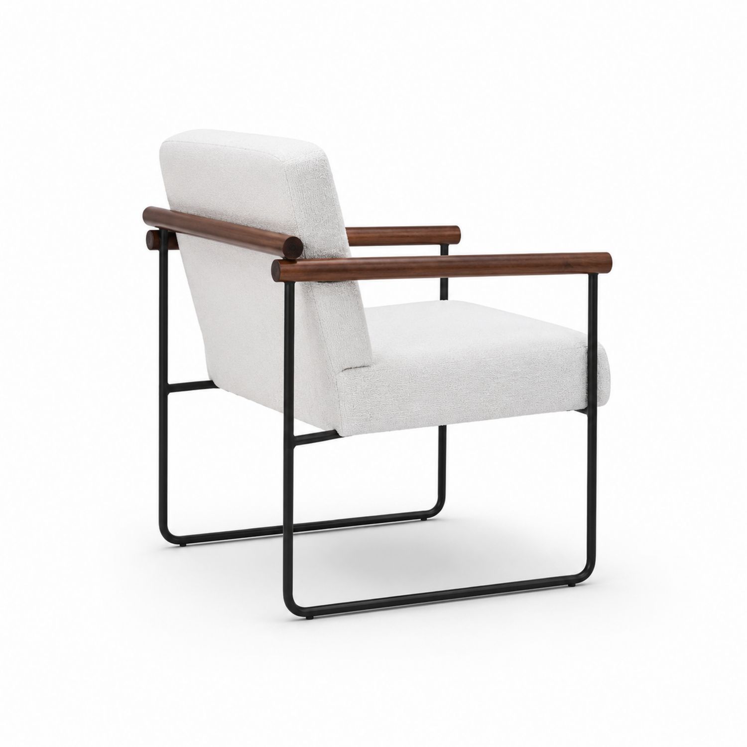 Chaise en métal avec accoudoirs en bois et tissu blanc
