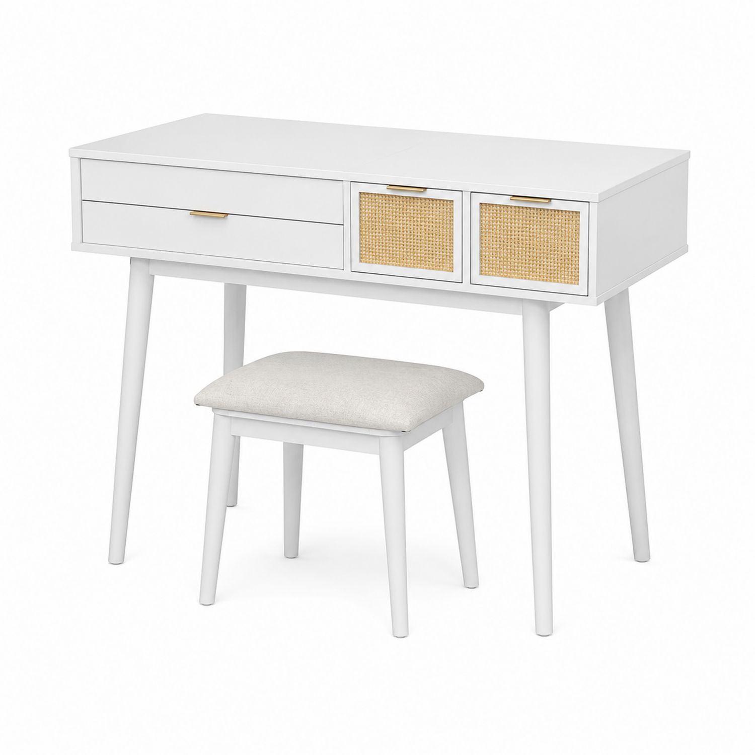 Table de Coiffage en Bois avec Rotin et Tabouret, Blanc et Gris Clair